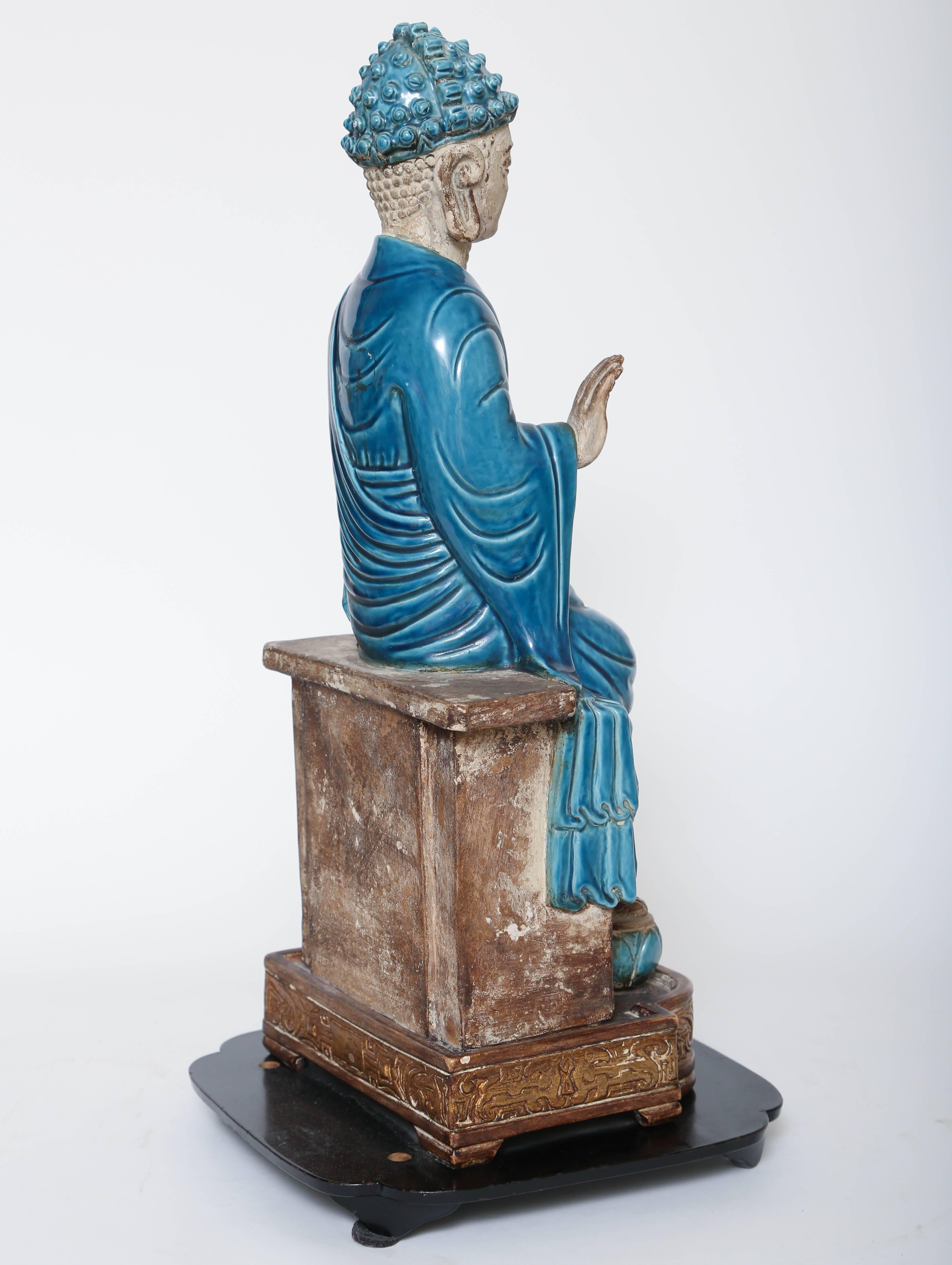 Turquoise and Parcel-Gilt Terracotta Buddha on Stand For Sale 1