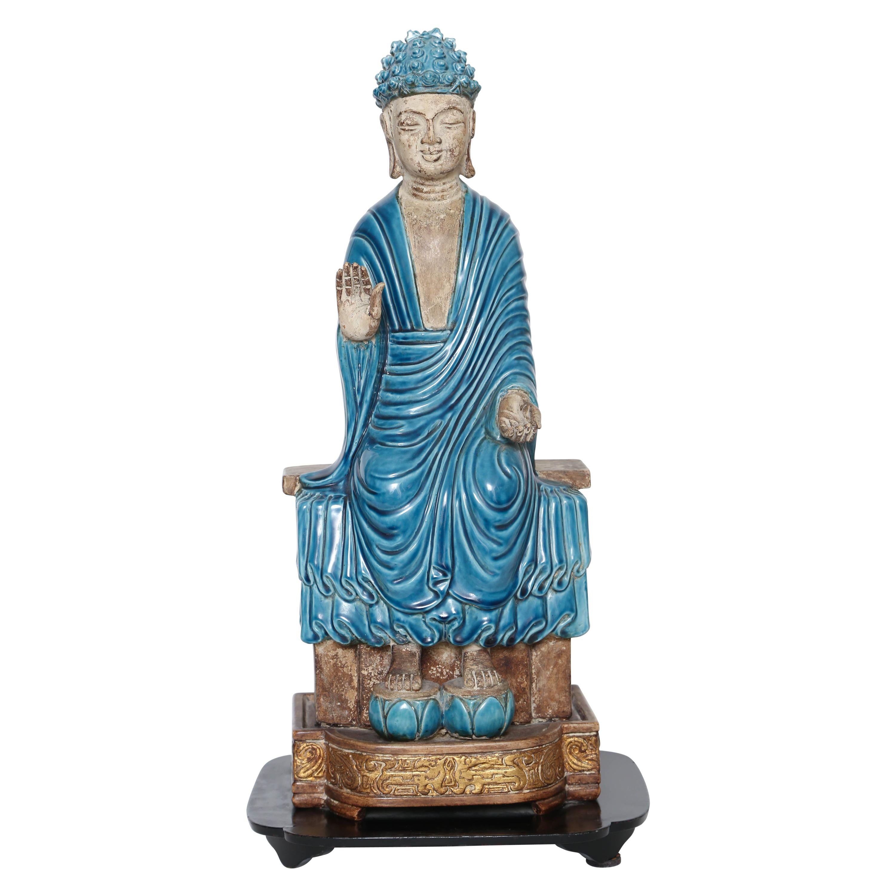 Bouddha sur pied en terre cuite turquoise et dorée à la feuille en vente