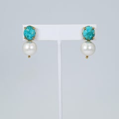 Turquoise and Pearl 14 Karat Gold Drop Stud Earrings