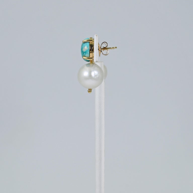 Contemporary Turquoise and Pearl 14 Karat Gold Drop Stud Earrings For Sale
