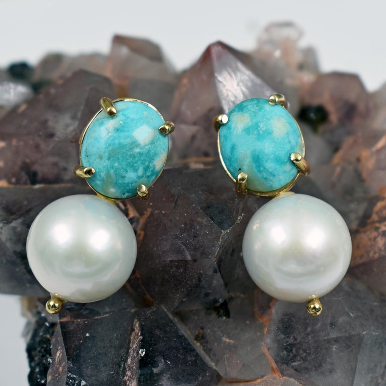 Turquoise and Pearl 14 Karat Gold Drop Stud Earrings In New Condition For Sale In Naples, FL