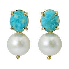Turquoise and Pearl 14 Karat Gold Drop Stud Earrings