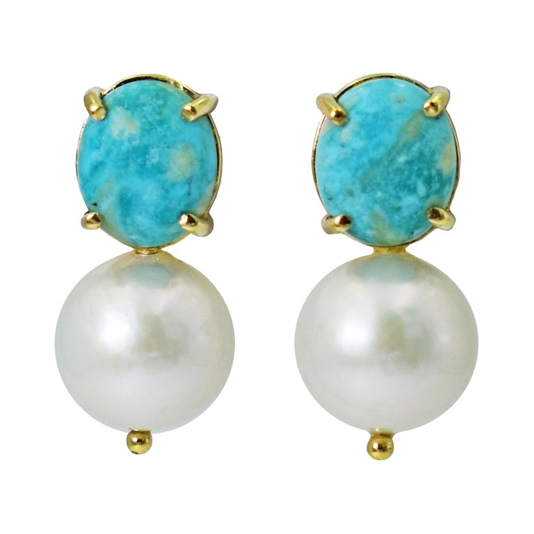 Turquoise and Pearl 14 Karat Gold Drop Stud Earrings For Sale