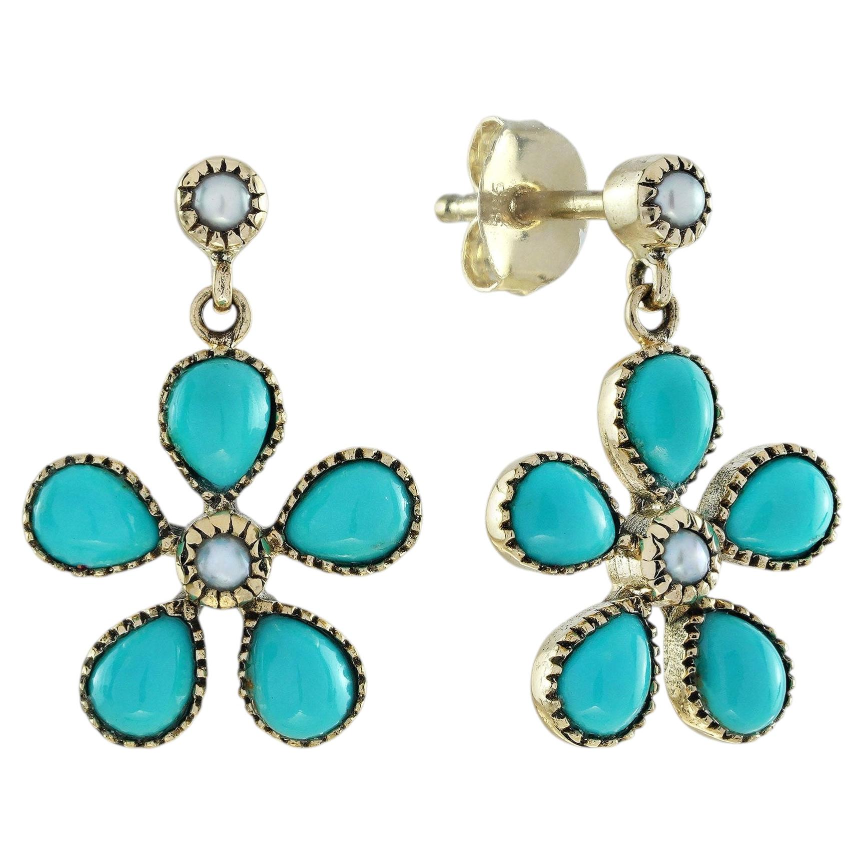 Turquoise and Pearl Cluster Drop Earrings with Vintage Style Floral Motif in 9K