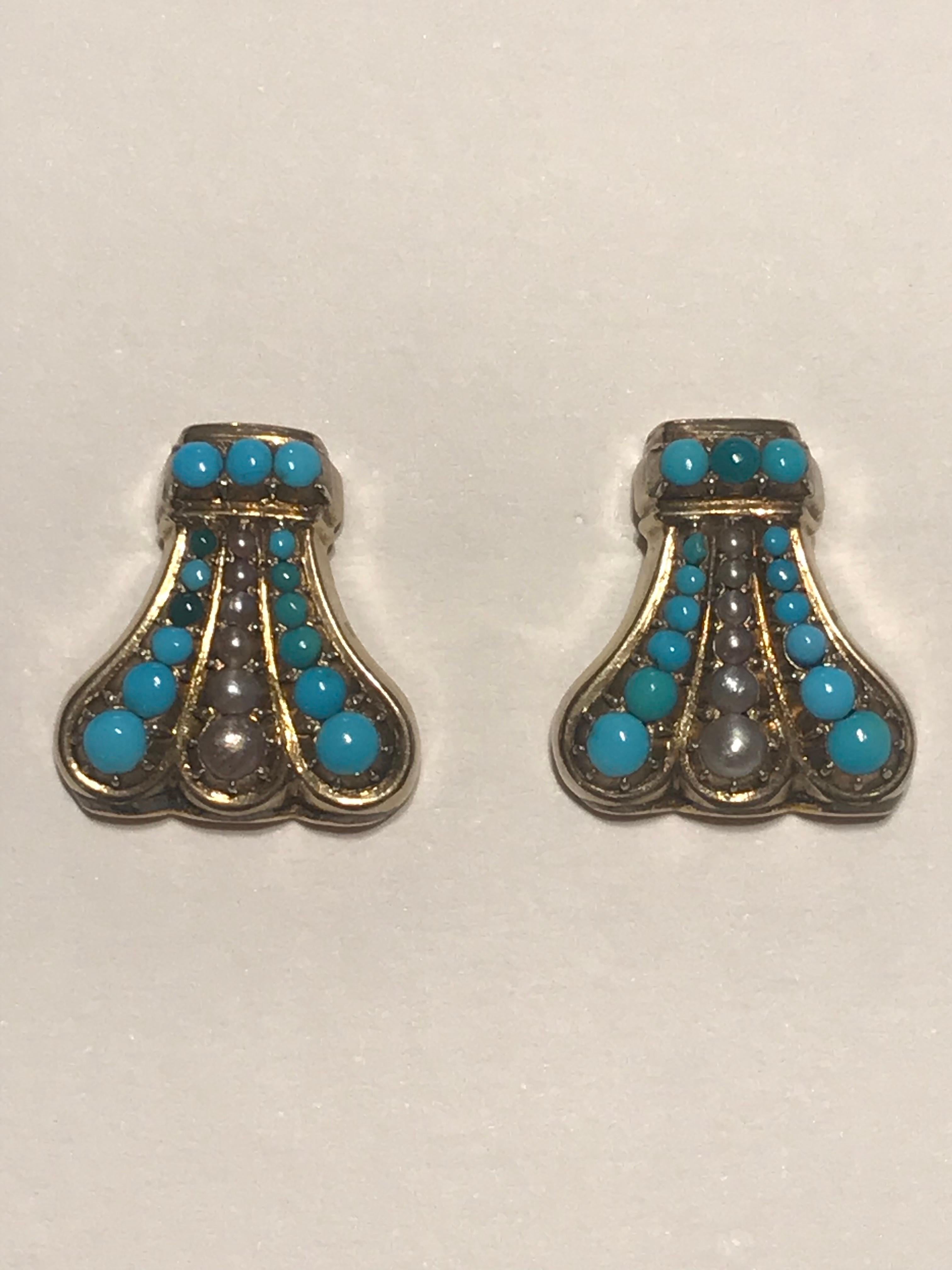 Turquoise and Pearl Edwardian Earrings In Good Condition For Sale In Oxford, GB
