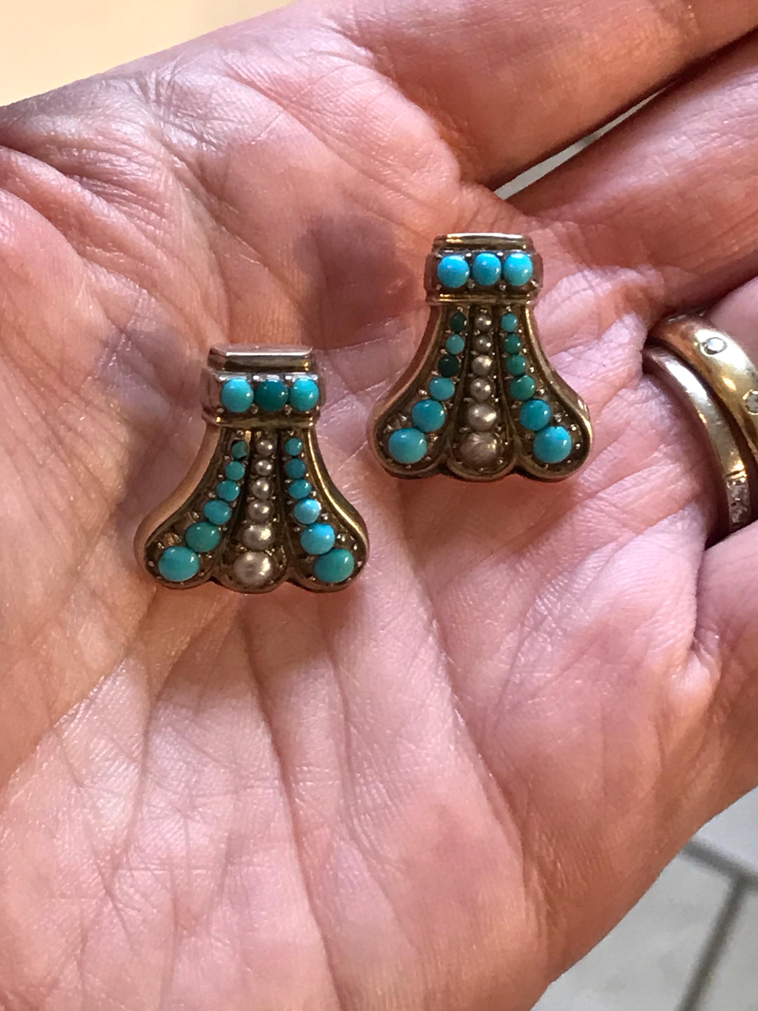 Turquoise and Pearl Edwardian Earrings For Sale 1