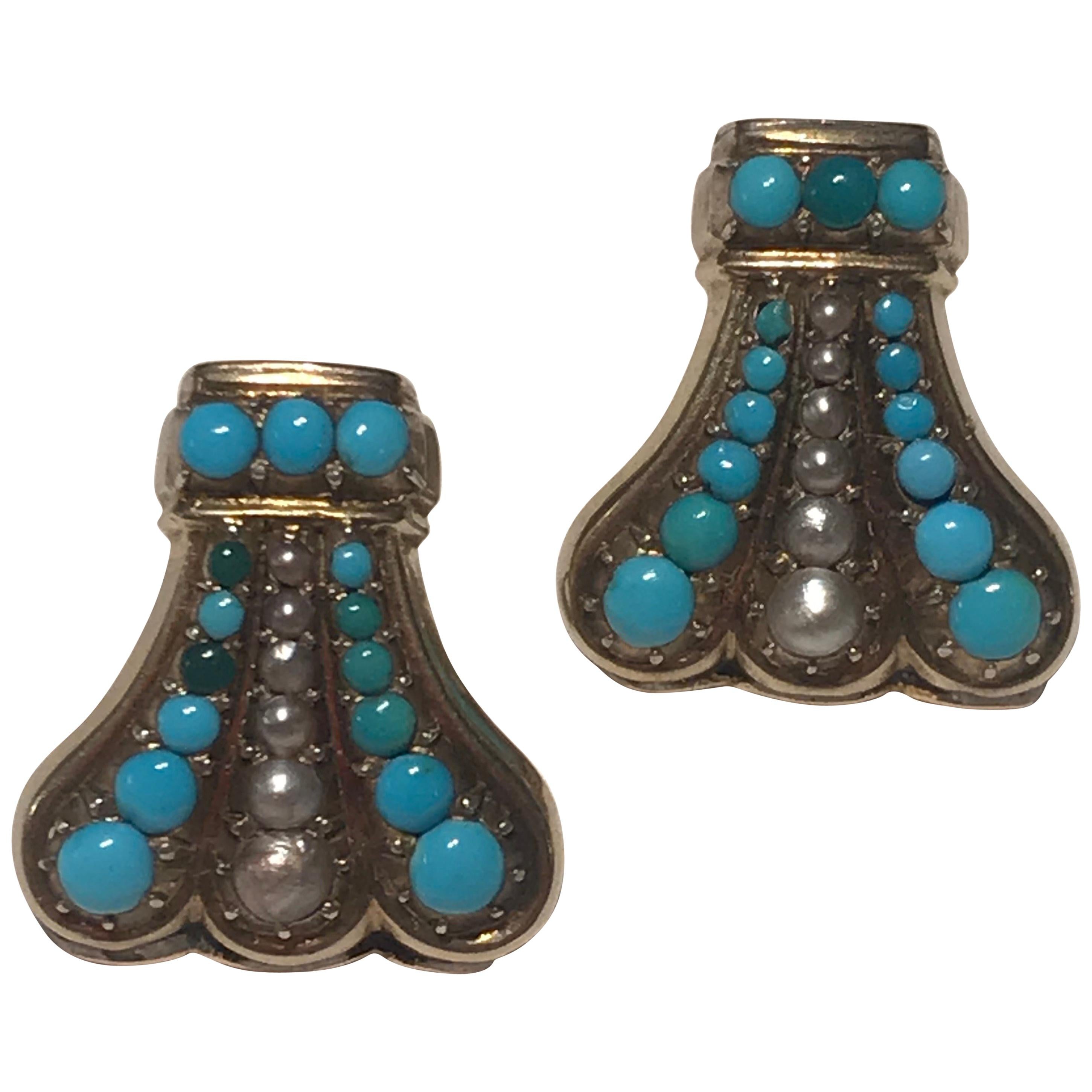 Turquoise and Pearl Edwardian Earrings For Sale
