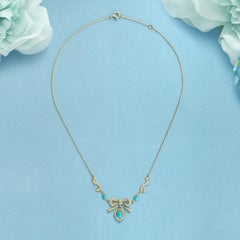 Turquoise and Pearl Edwardian Style Ribbon Bow Necklace in 14K Yellow  Gold