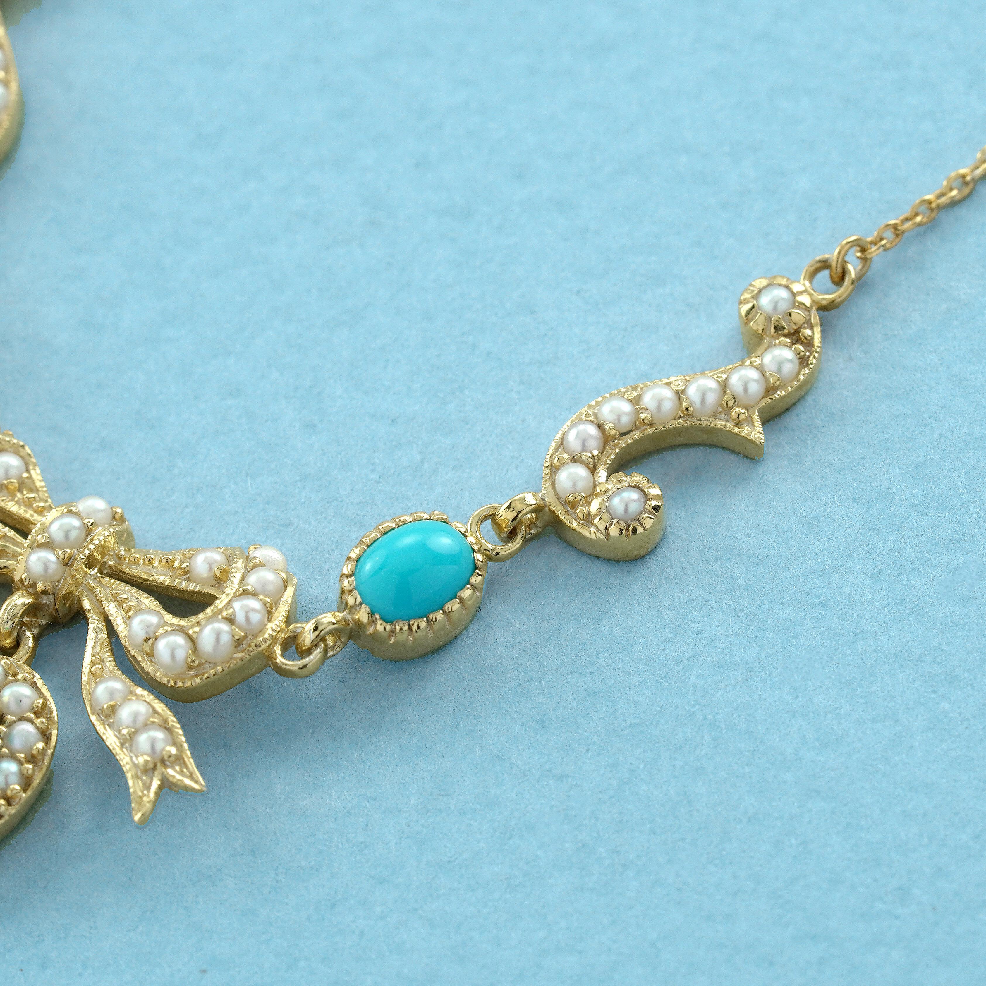 Türkis und Perle Edwardianischen Stil Schleife Halskette in 14K Gelb  Gold (Ovalschliff) im Angebot