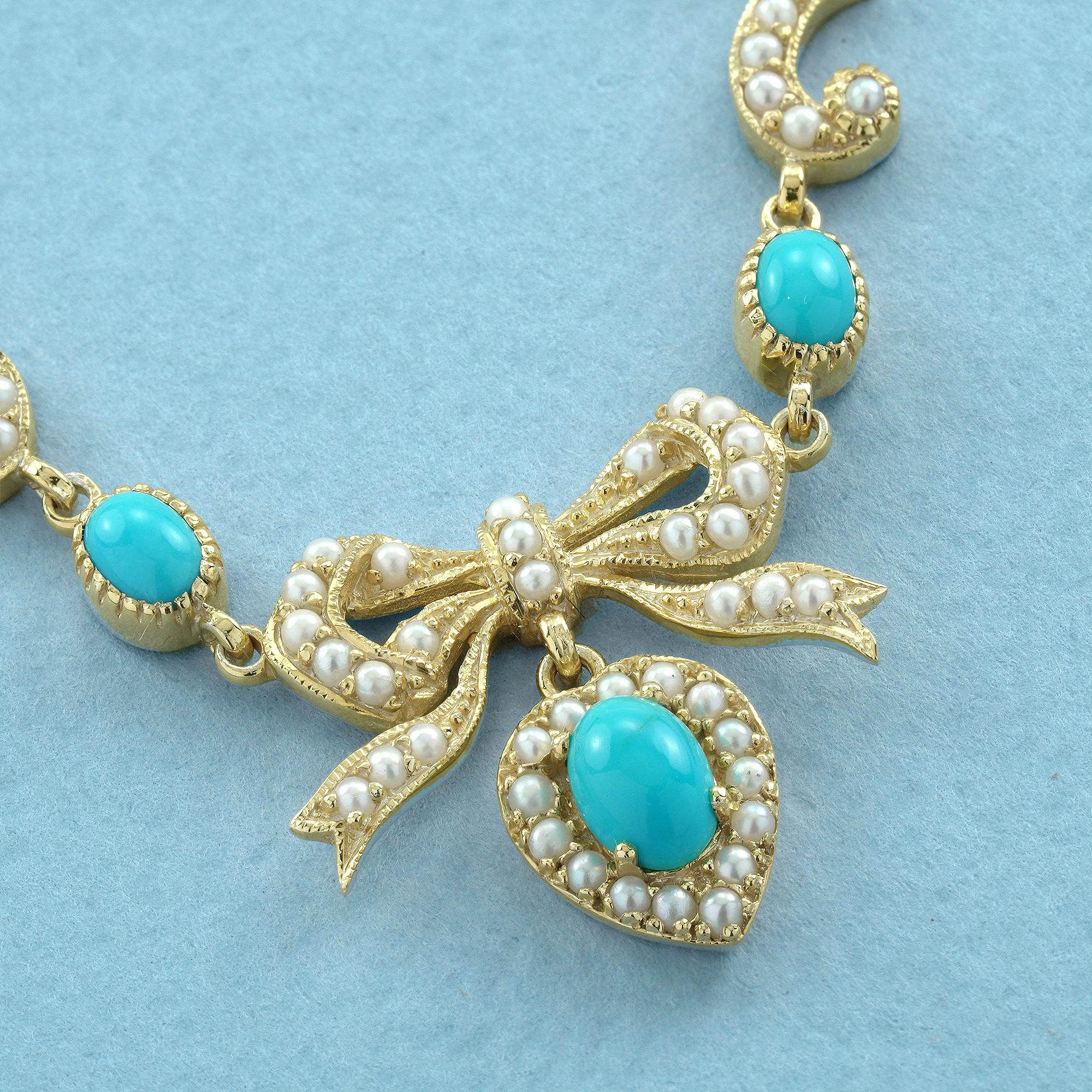 Türkis und Perle Edwardianischen Stil Schleife Halskette in 14K Gelb  Gold im Zustand „Neu“ im Angebot in Bangkok, TH