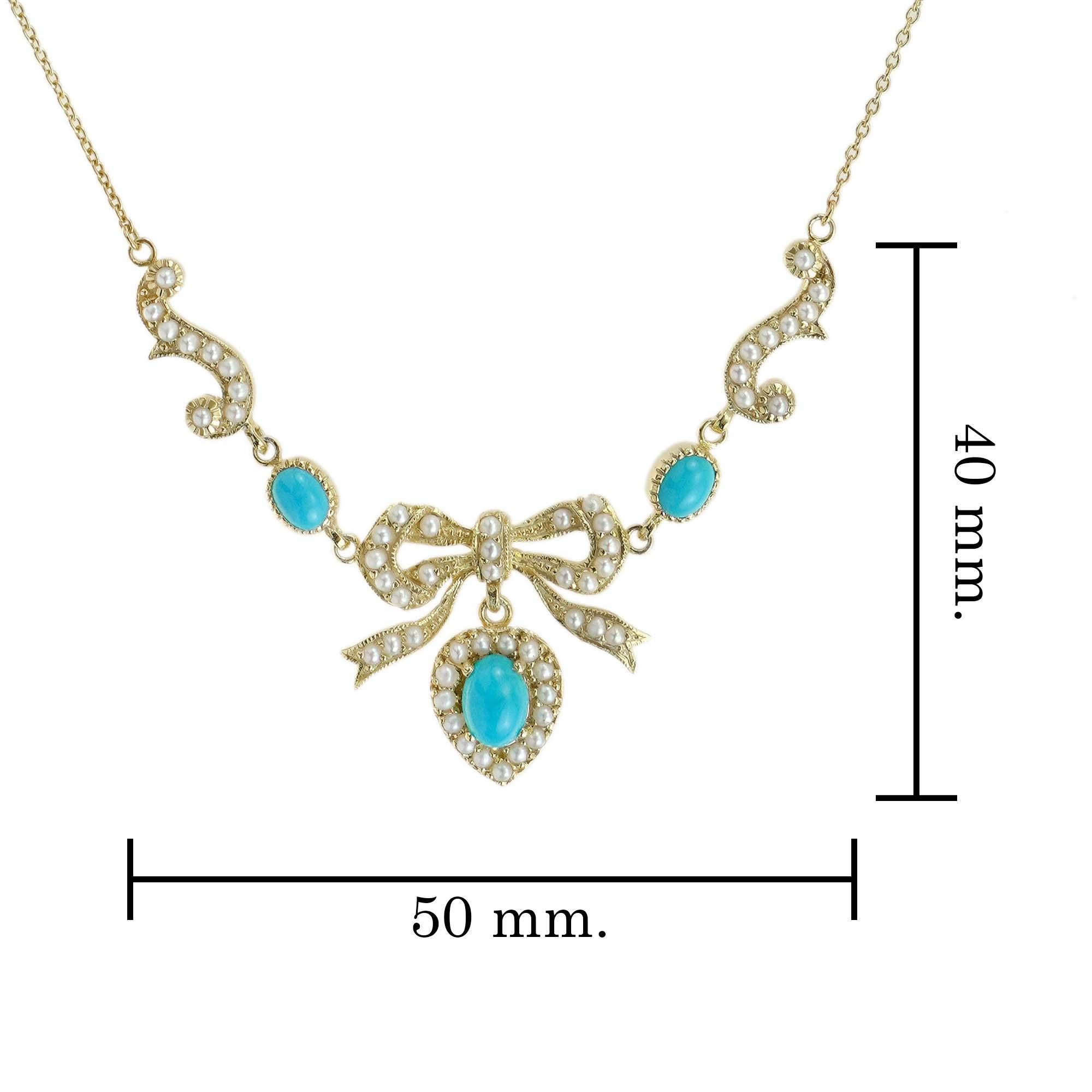 Türkis und Perle Edwardianischen Stil Schleife Halskette in 14K Gelb  Gold im Angebot 1