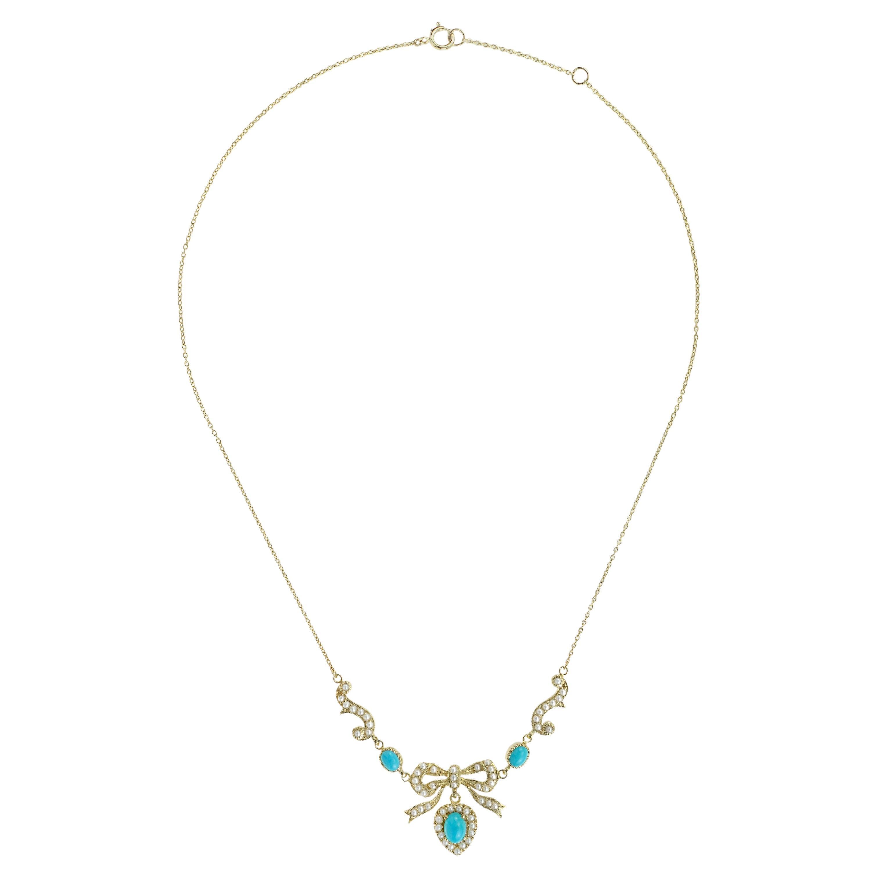 Collar con Lazo de Turquesa y Perlas Estilo Eduardiano en Amarillo de 14K  Oro