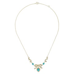 Turquoise and Pearl Edwardian Style Ribbon Bow Necklace in 14K Yellow  Gold