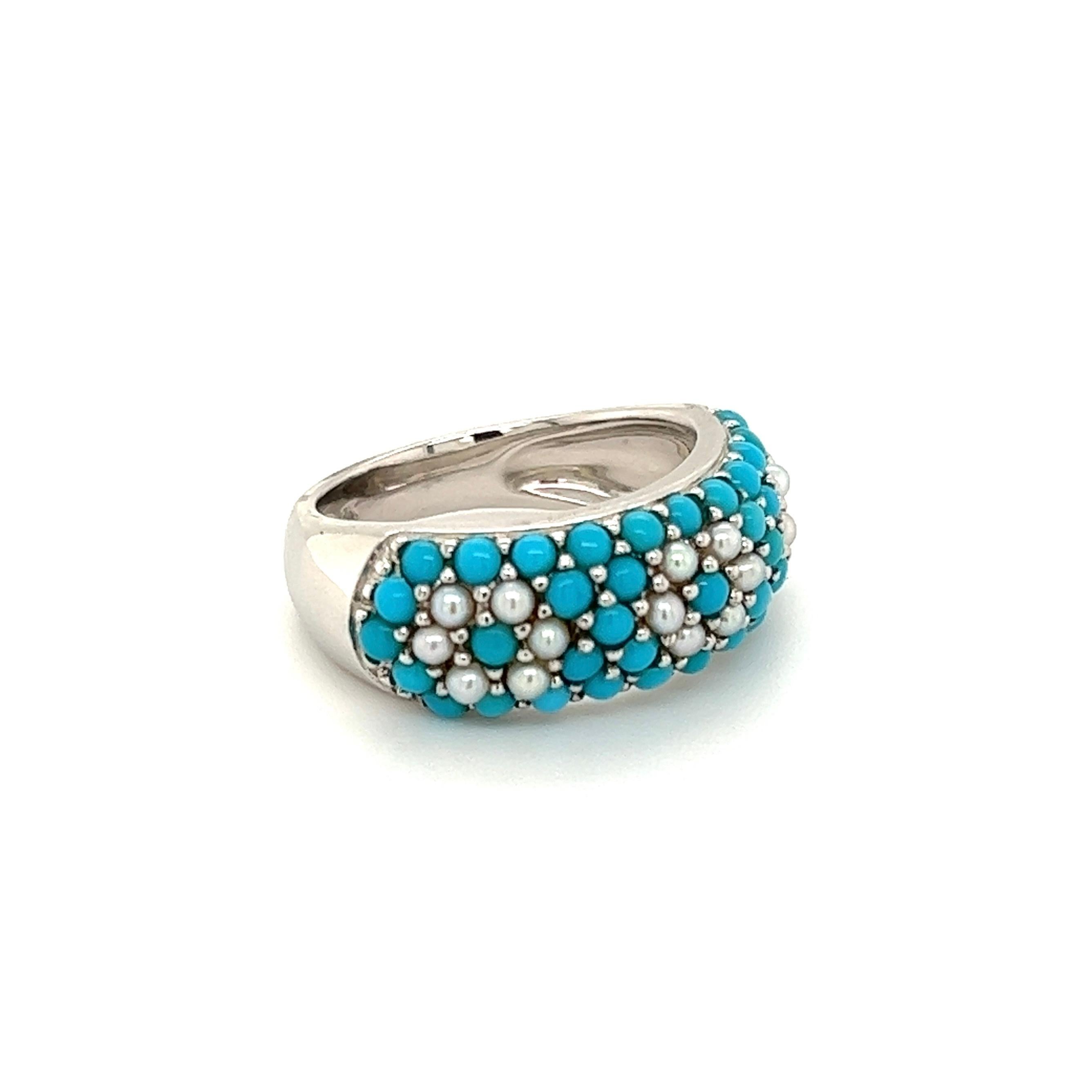 Round Cut Turquoise and Pearl Gold Band Ring Estate Fine Jewelry For Sale