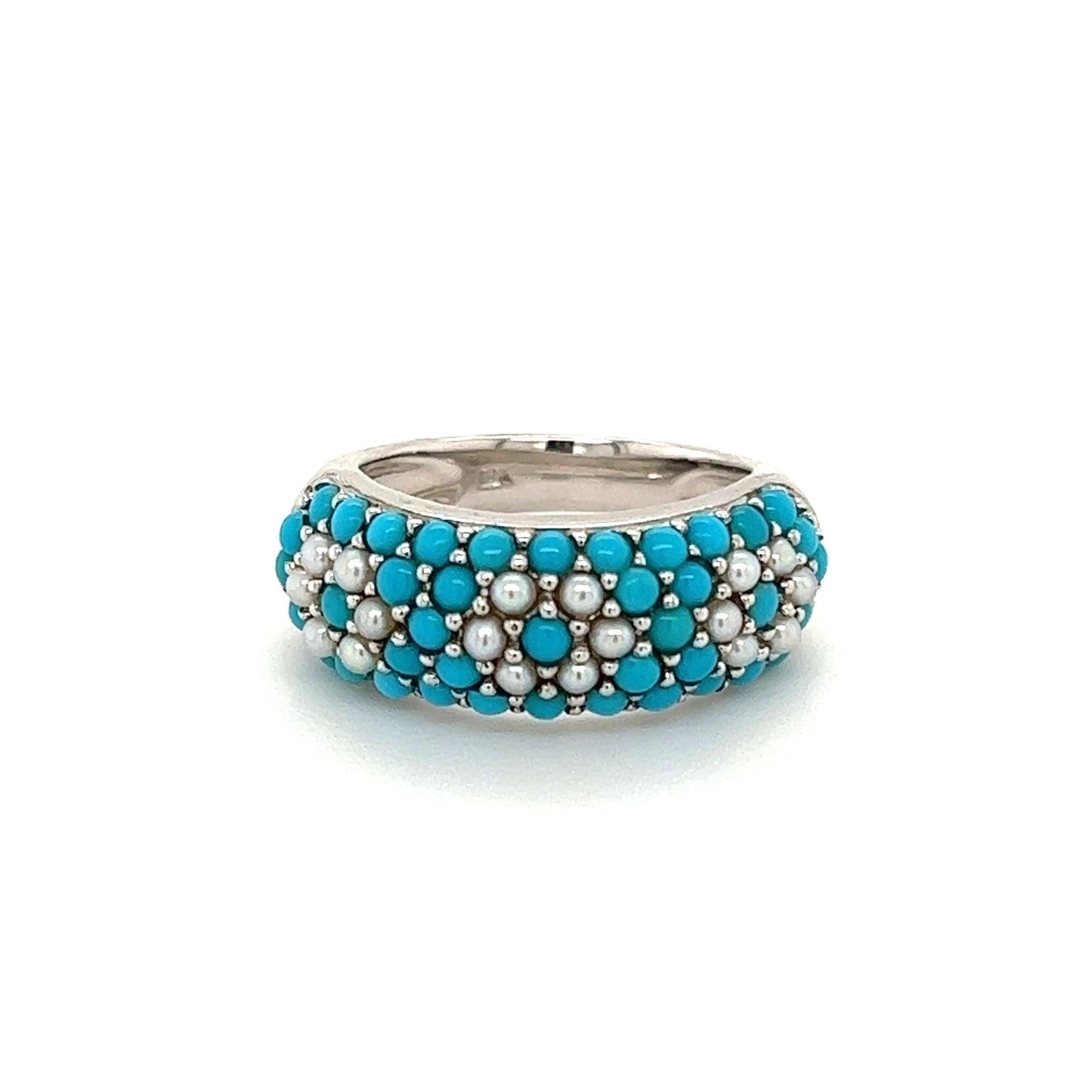 Turquoise and Pearl Gold Band Ring Estate Fine Jewelry In Excellent Condition For Sale In Montreal, QC