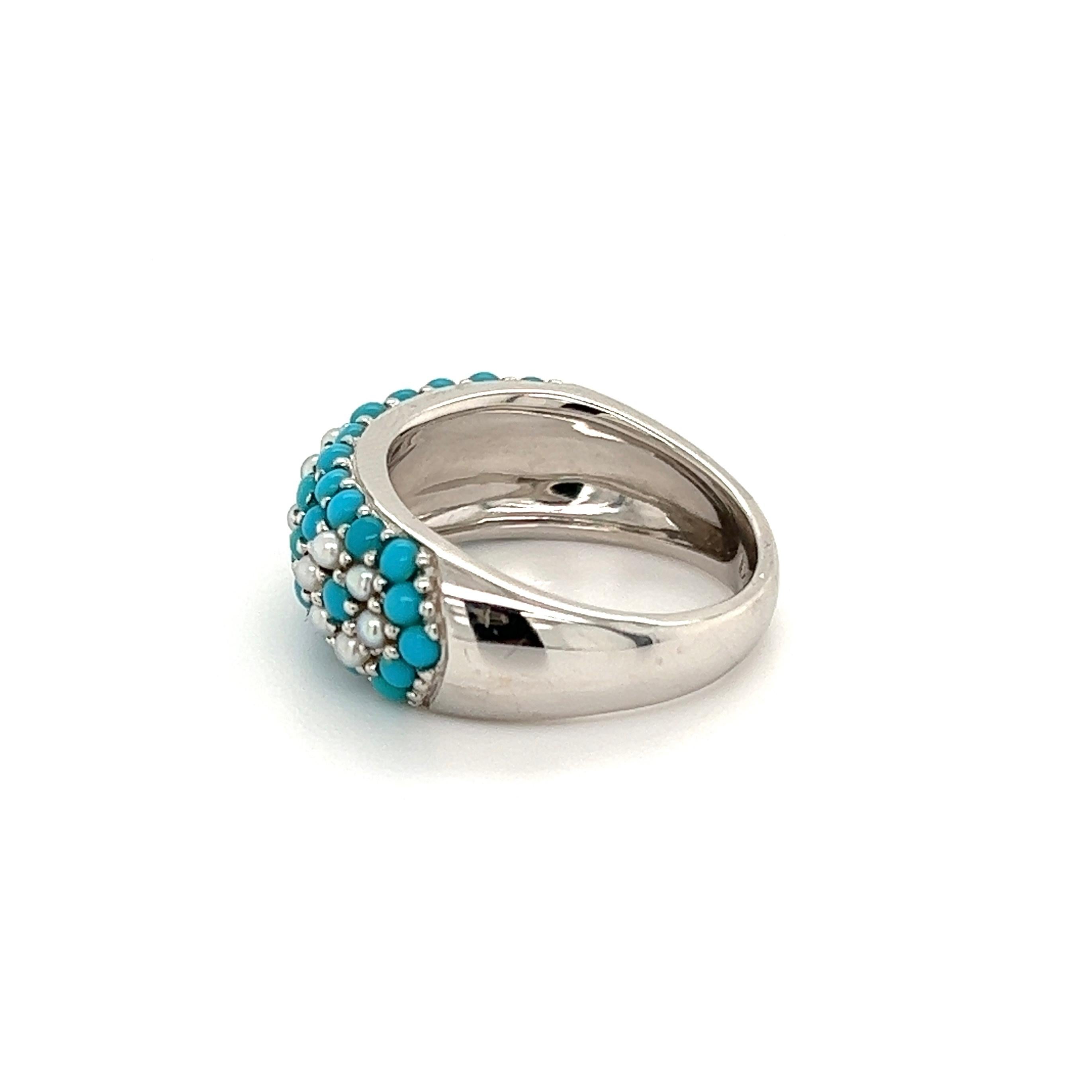 Turquoise and Pearl Gold Band Ring Estate Fine Jewelry For Sale 1