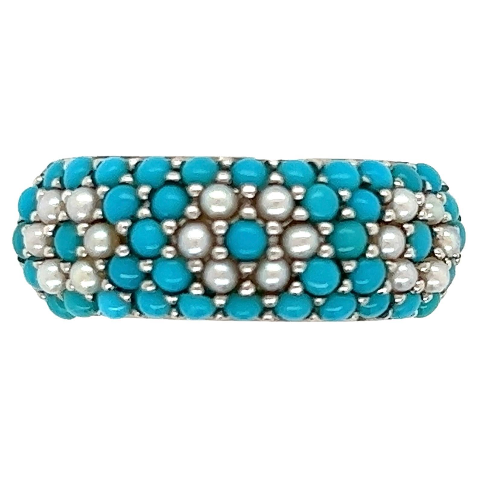 Turquoise and Pearl Gold Band Ring Estate Fine Jewelry For Sale