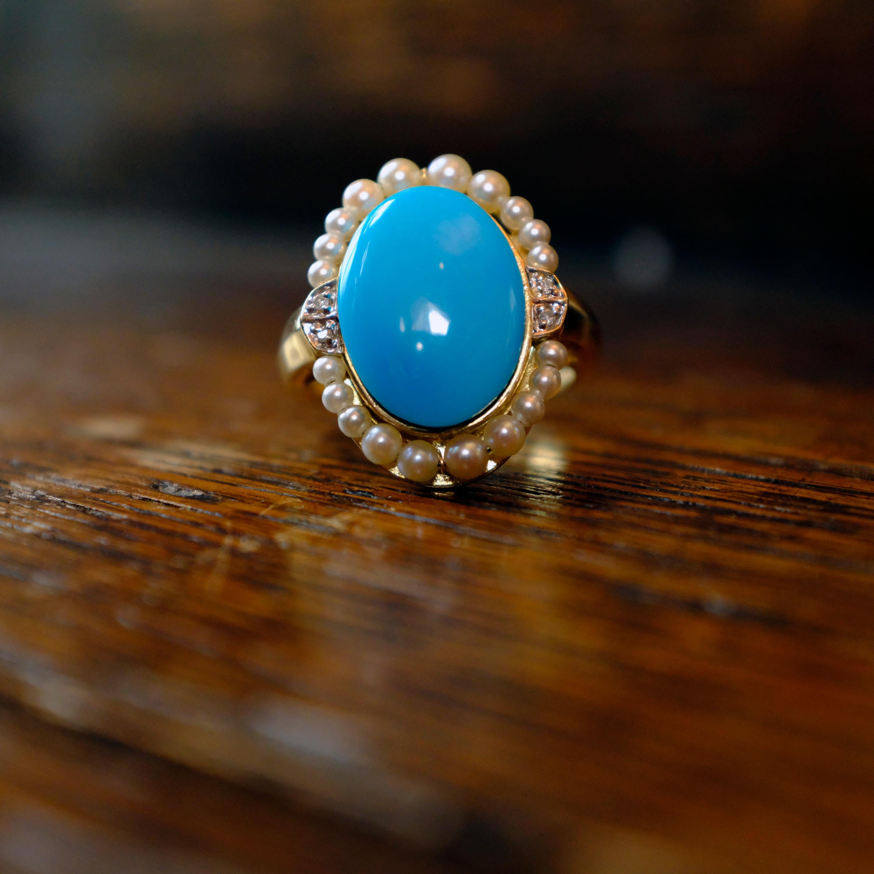 Cabochon Turquoise and Pearl Ring in Yellow Gold with Diamonds