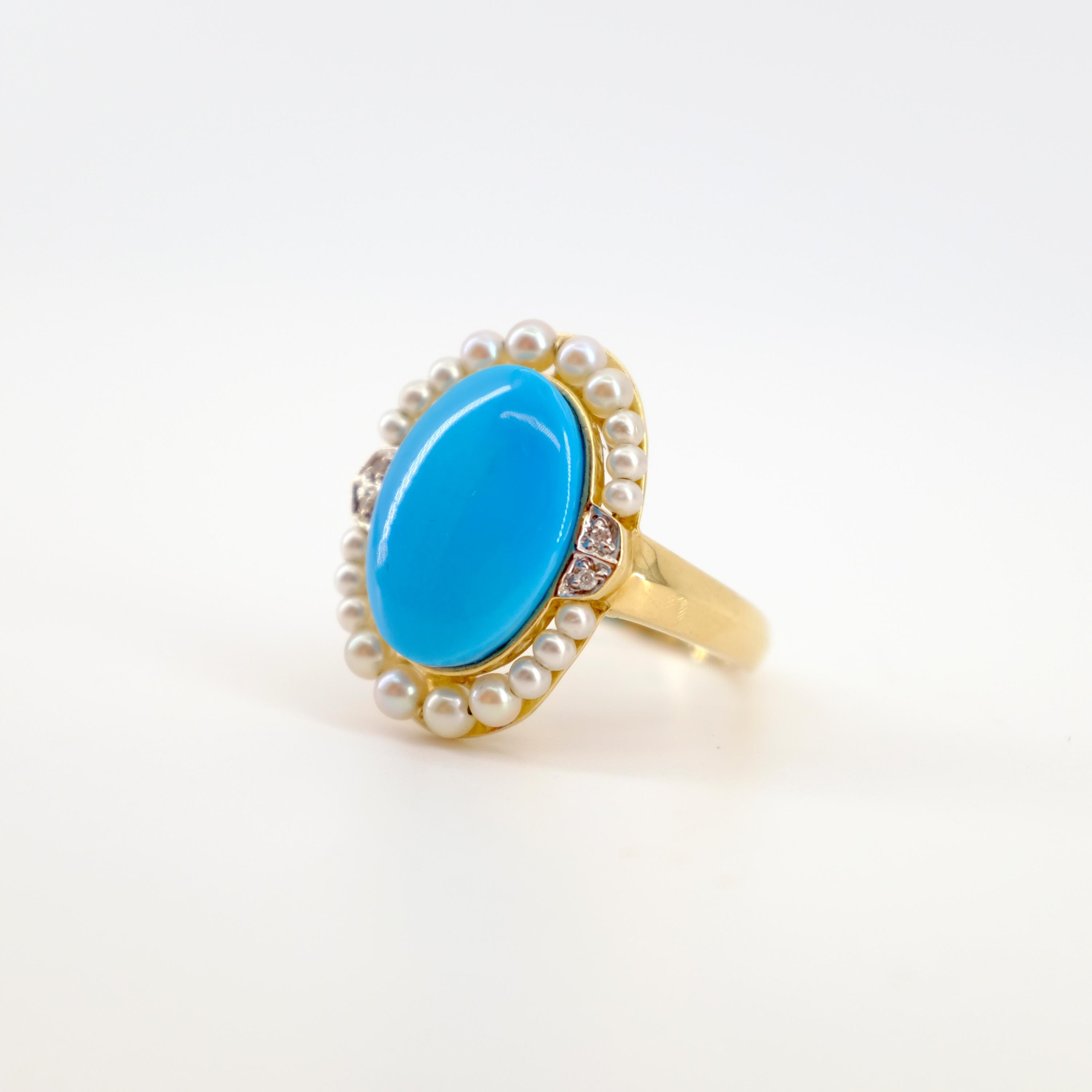 Many wonderful jewels have come from Hong Kong and this ring is no exception. This large and impressive ring features a mirror-finish turquoise stone in robin's egg blue. From the back you see stone matrix and gold work that looks like the