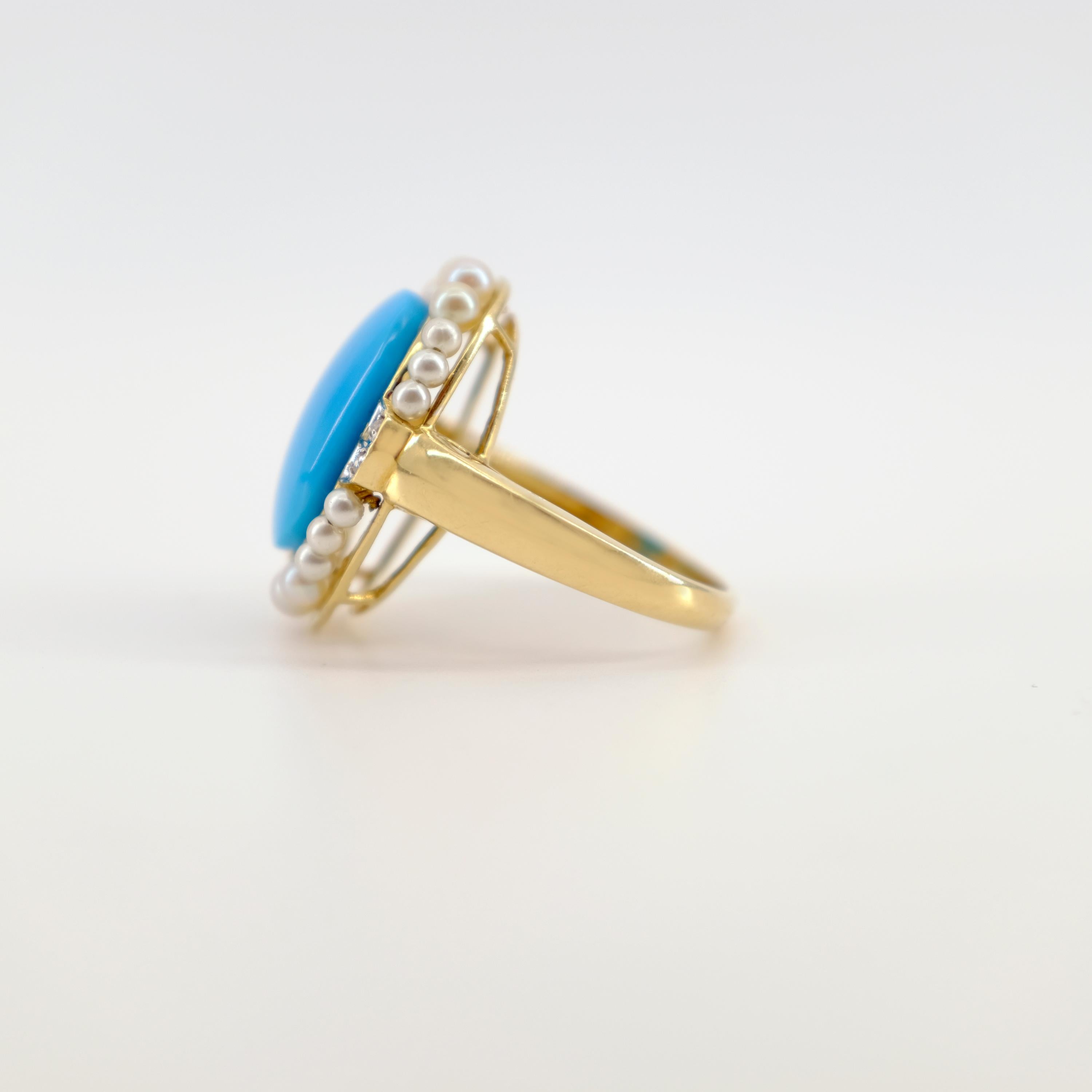 Contemporary Turquoise and Pearl Ring in Yellow Gold with Diamonds
