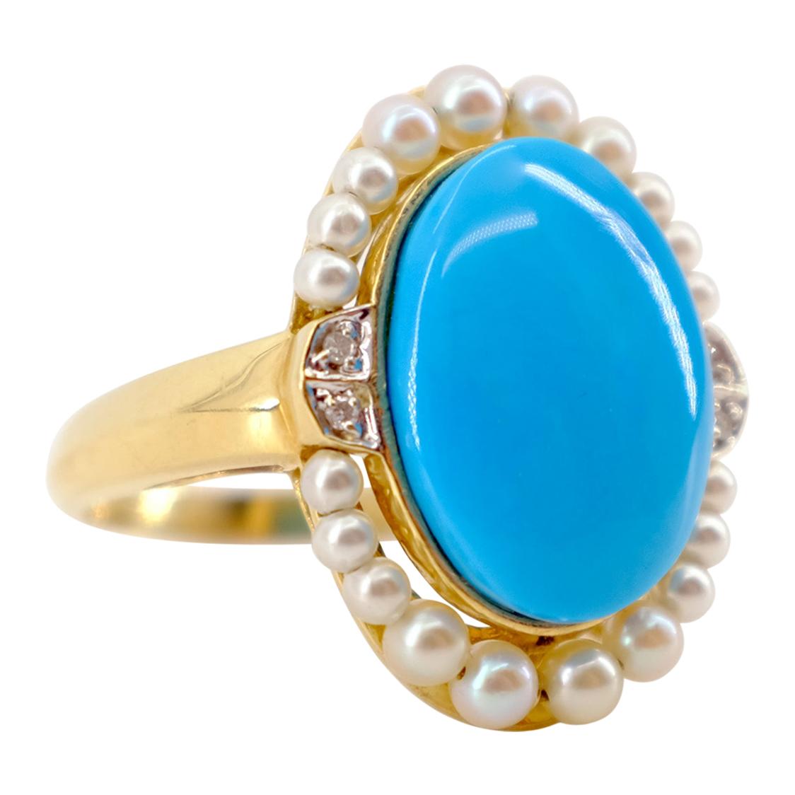 Turquoise and Pearl Ring in Yellow Gold with Diamonds