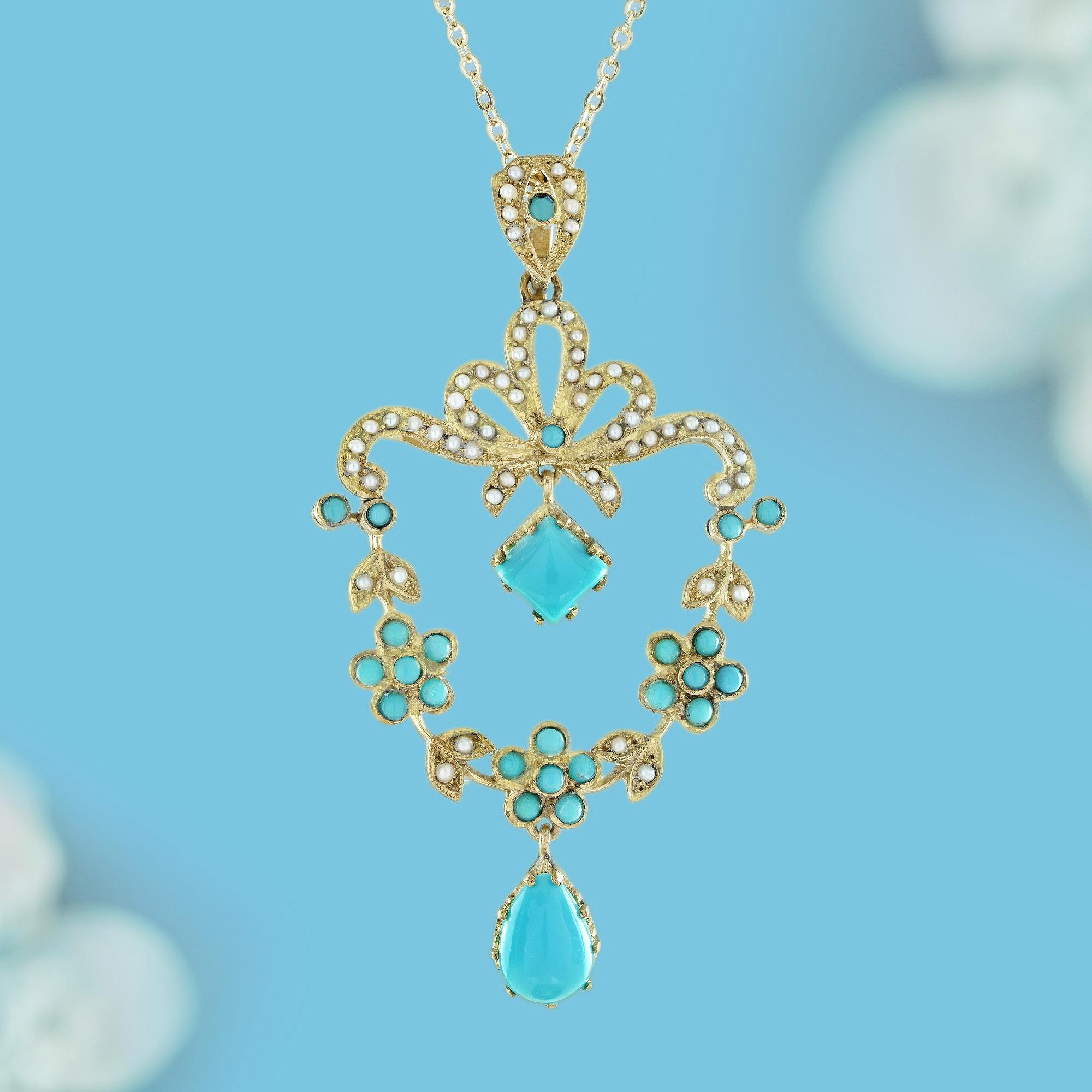  A stunning piece that beautifully blends nature's vibrant hues with the elegance of a bygone era. The rich, blue turquoise symbolizes tranquility and protection, while the lustrous pearls add a touch of purity and grace. Designed in a delicate