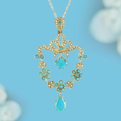 Victorian Style Natural Turquoise Bow Pendant in 14K Yellow Gold