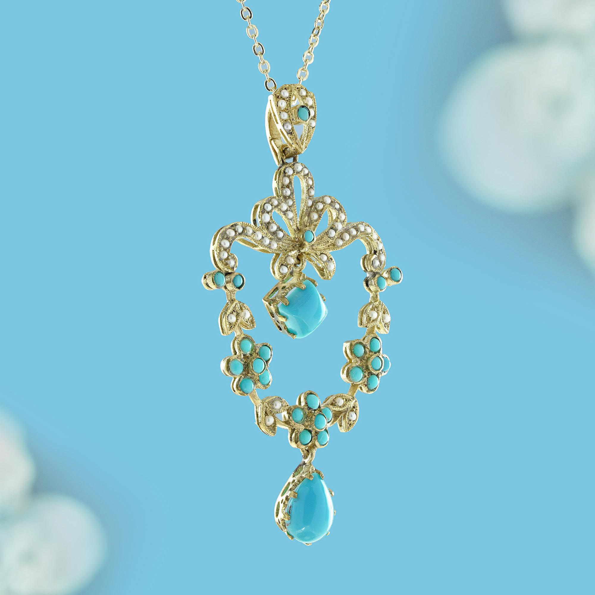 Colgante Floral Estilo Vintage Victoriano de Turquesa y Perla en Oro Amarillo de 14K Corte cuadrado en venta