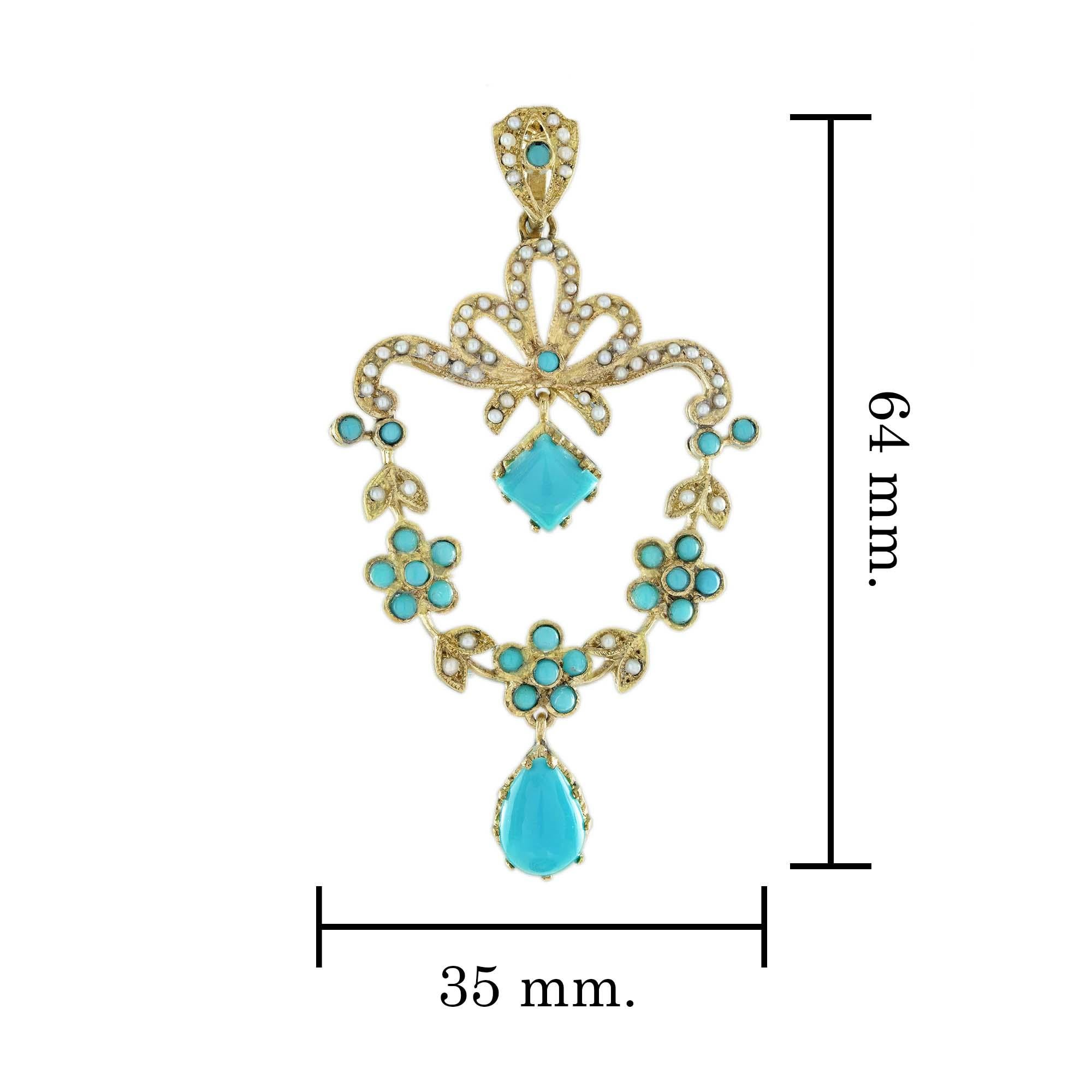 De las mujeres Colgante Floral Estilo Vintage Victoriano de Turquesa y Perla en Oro Amarillo de 14K en venta