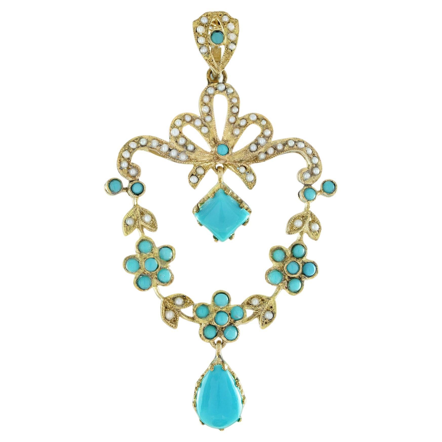 Turquoise and Pearl Victorian Vintage Style Floral Pendant in 14K Yellow Gold