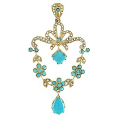Turquoise and Pearl Victorian Vintage Style Floral Pendant in 14K Yellow Gold