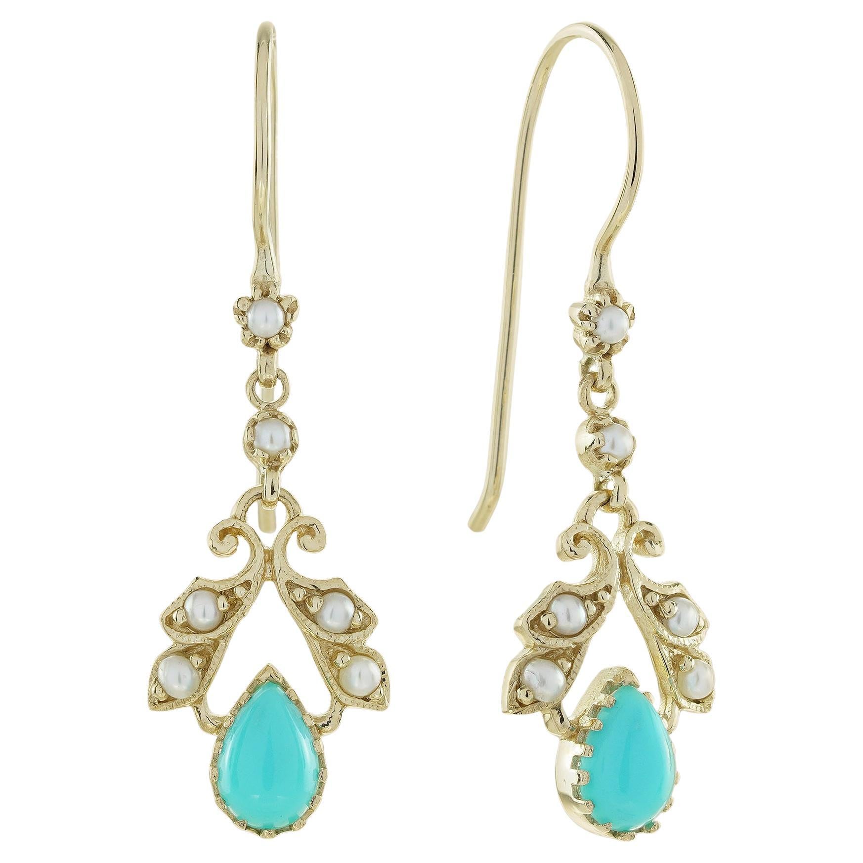 Turquoise and Pearl Vintage Style Floral Drop Earrings in Solid 9K Gold
