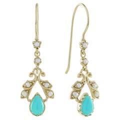 Pendants d'oreilles en or massif 9K avec turquoise et perles de style vintage et floral