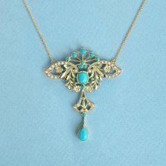 Turquoise and Pearl Vintage Style Floral Necklace in 9K Yellow Gold