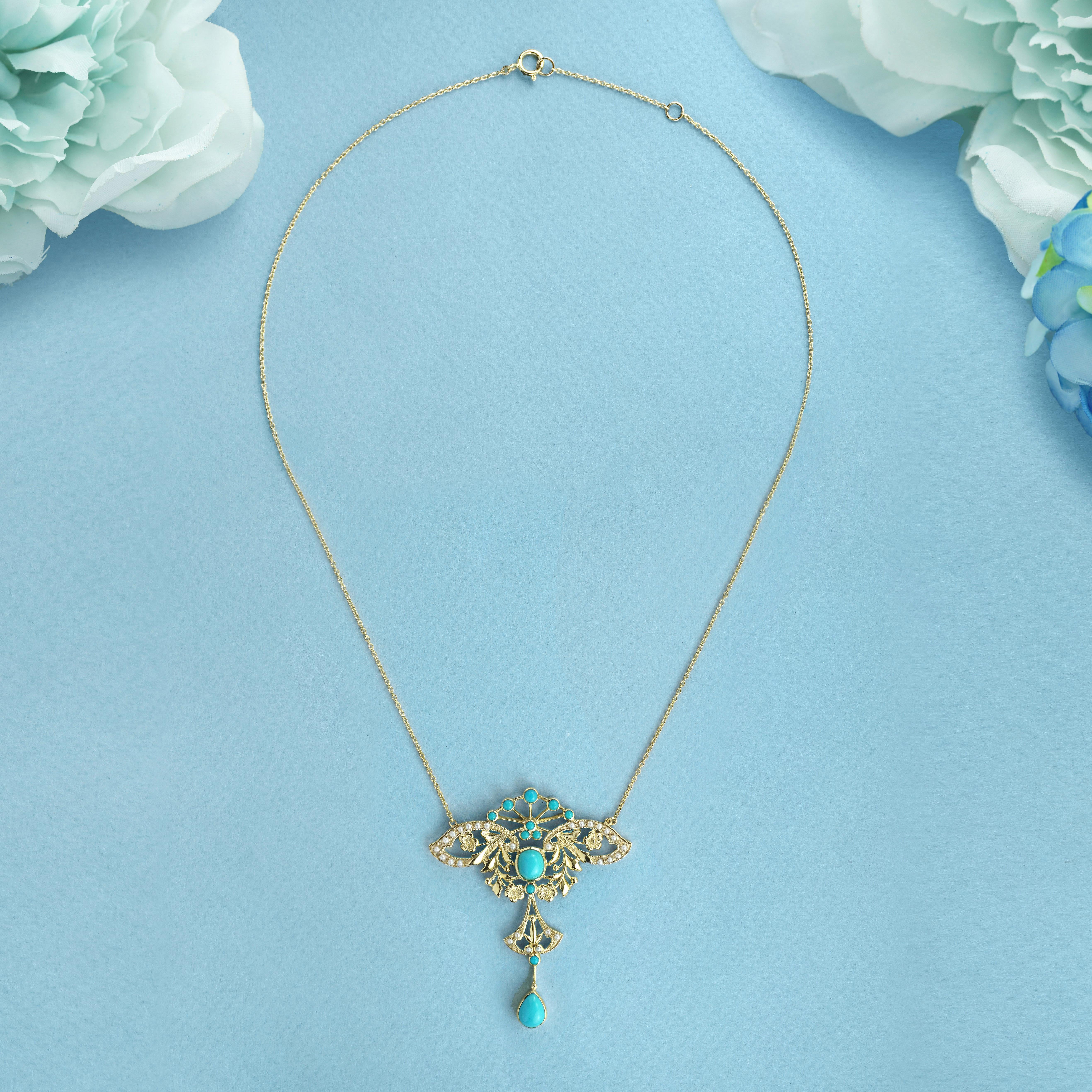 Türkis und Perle Vintage Style Floral Halskette in 9K Gelbgold (Edwardian) im Angebot