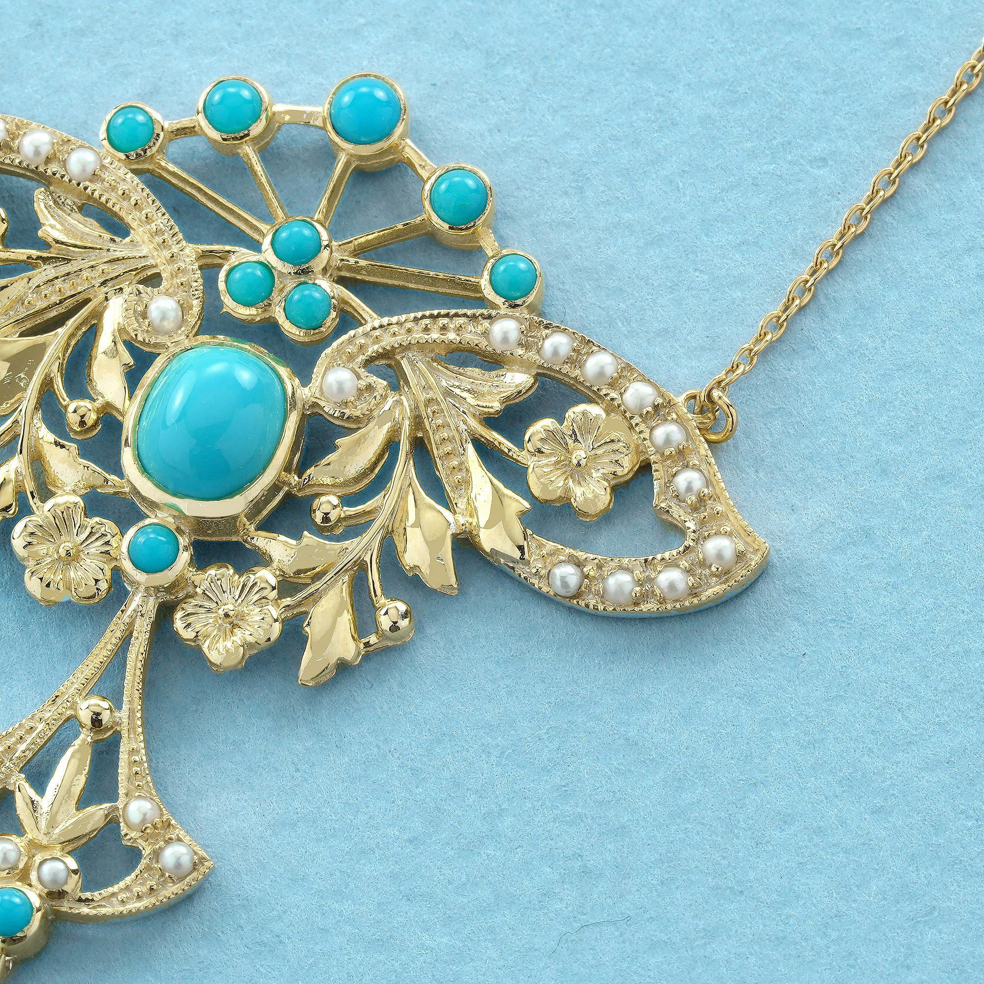Türkis und Perle Vintage Style Floral Halskette in 9K Gelbgold (Rundschliff) im Angebot