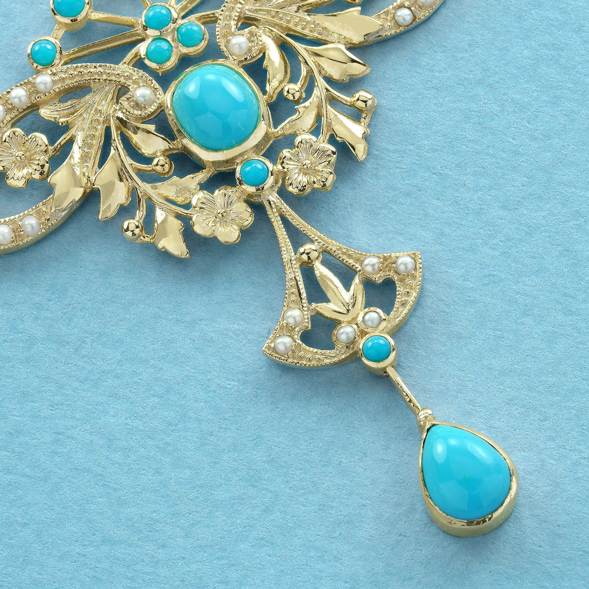 Türkis und Perle Vintage Style Floral Halskette in 9K Gelbgold im Zustand „Neu“ im Angebot in Bangkok, TH