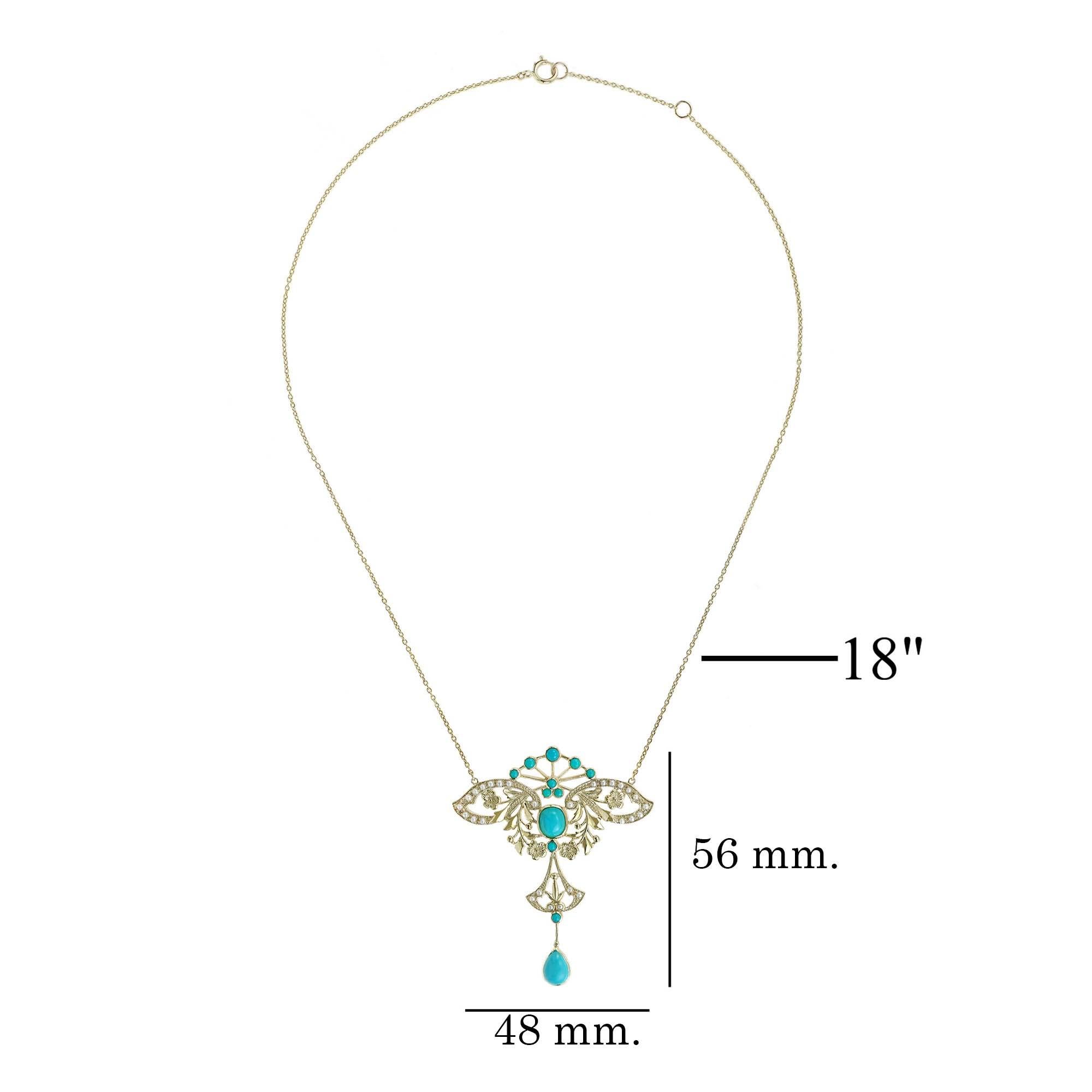 Türkis und Perle Vintage Style Floral Halskette in 9K Gelbgold im Angebot 1