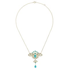 Collana floreale in stile vintage con turchesi e perle in oro giallo 9K