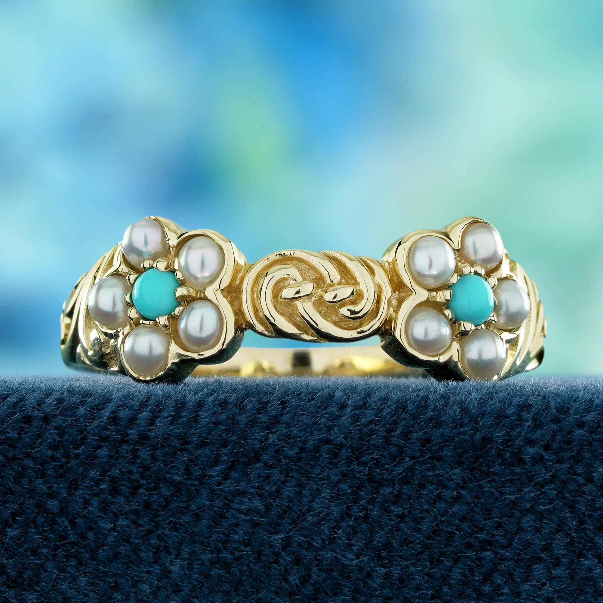 Turquoise stones resembling delicate pollen at the center of two floral designs. The pearls, symbolizing flower petals, beautifully surround the turquoise, creating a soft, nature-inspired look. The two flowers are connected by a subtle cord, adding