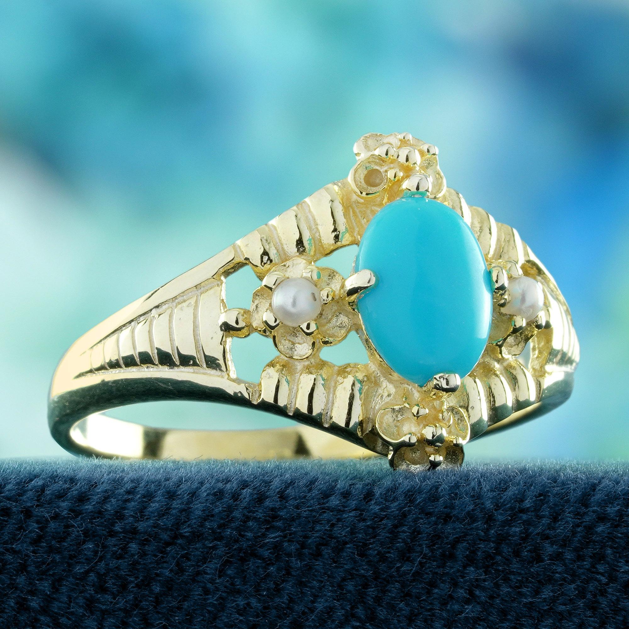Anillo Floral Estilo Vintage de Turquesa y Perla en Oro Amarillo Macizo de 9K Eduardiano en venta
