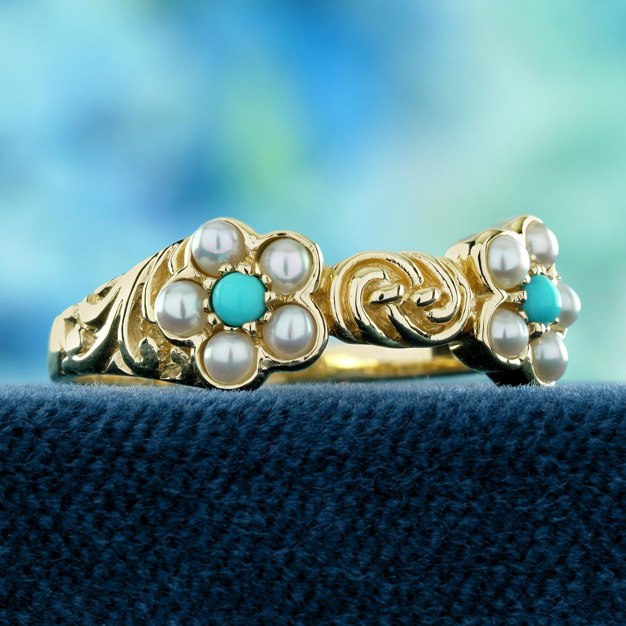 Edwardian Turquoise and Pearl Vintage Style Floral Ring in Solid 9K Yellow Gold For Sale
