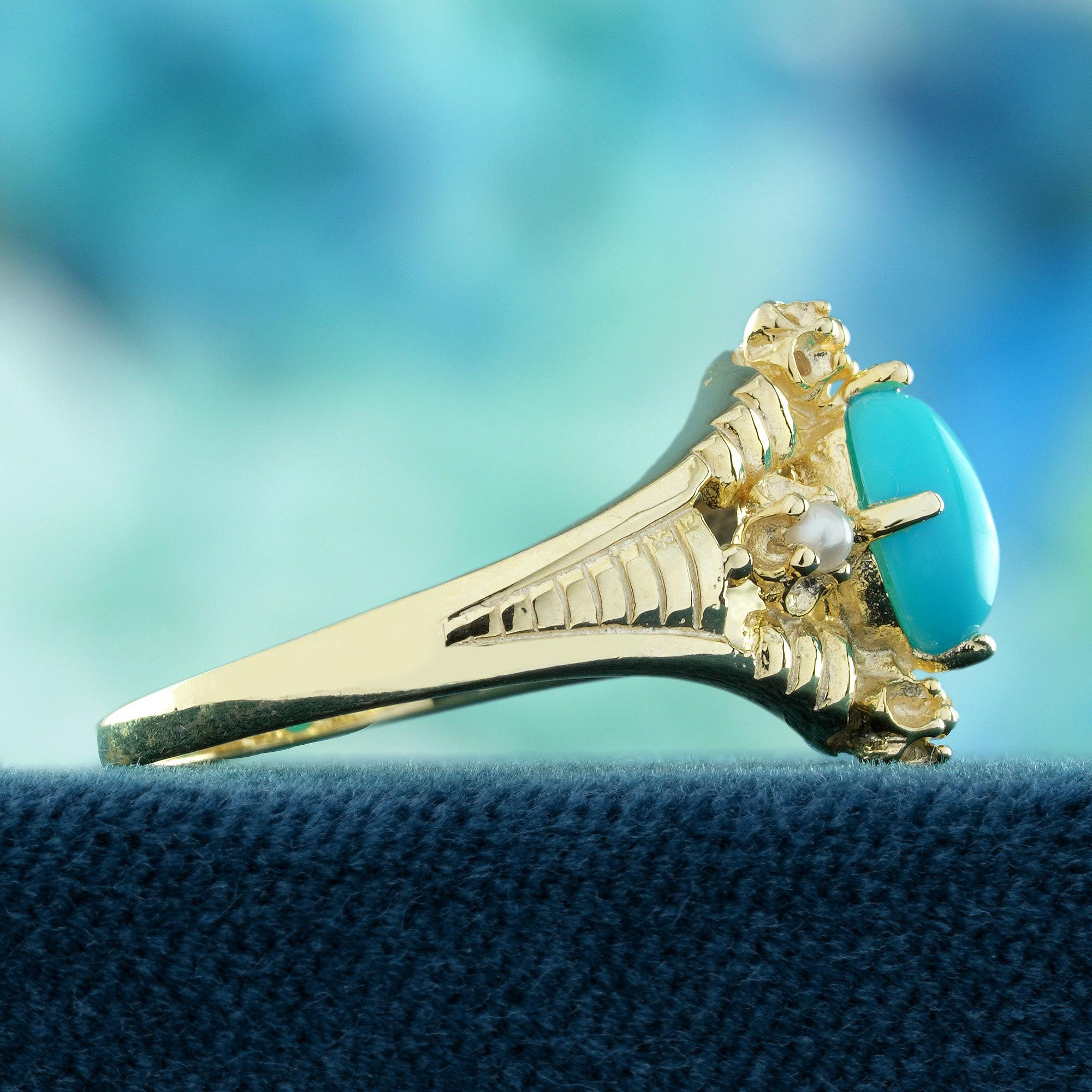 Anillo Floral Estilo Vintage de Turquesa y Perla en Oro Amarillo Macizo de 9K Corte oval en venta