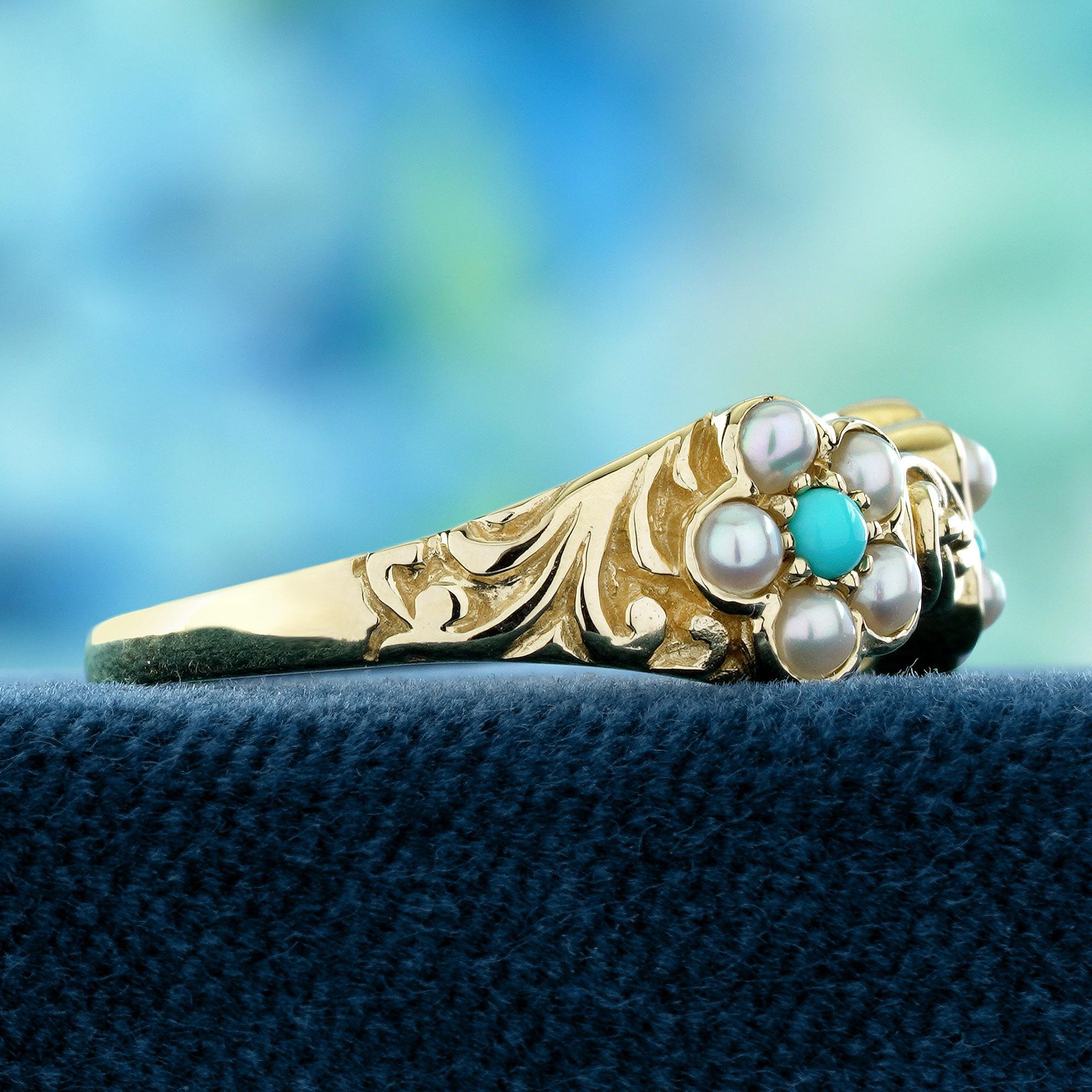 Round Cut Turquoise and Pearl Vintage Style Floral Ring in Solid 9K Yellow Gold For Sale