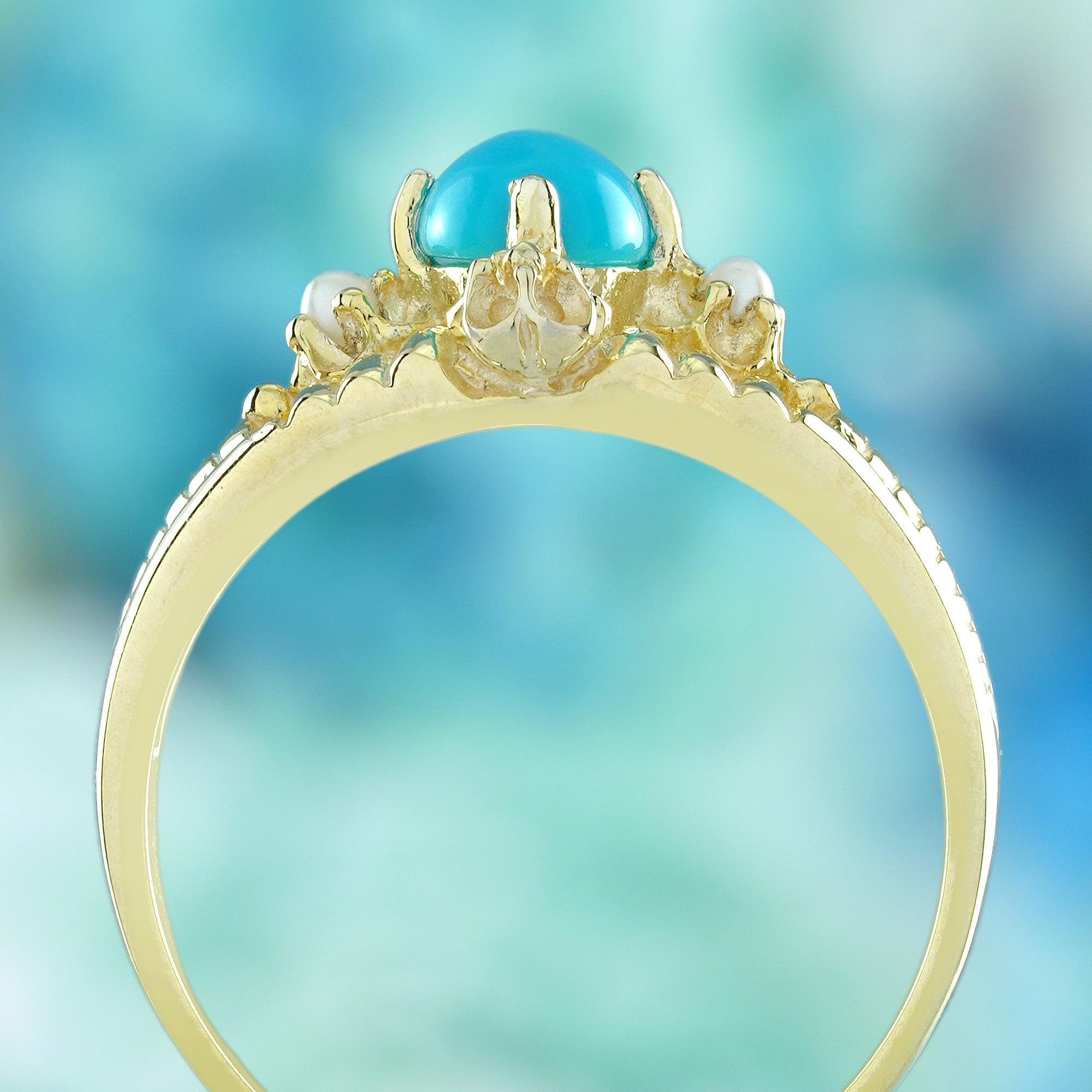 Anillo Floral Estilo Vintage de Turquesa y Perla en Oro Amarillo Macizo de 9K en Nuevo estado para la venta en Bangkok, TH