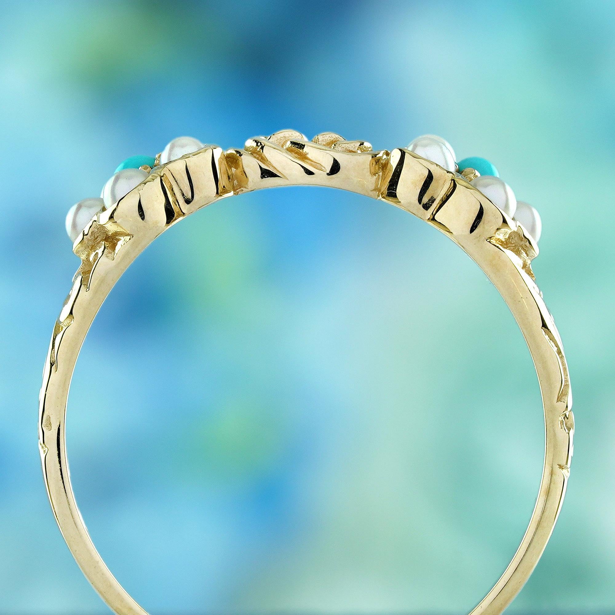 Turquoise and Pearl Vintage Style Floral Ring in Solid 9K Yellow Gold In New Condition For Sale In Bangkok, TH