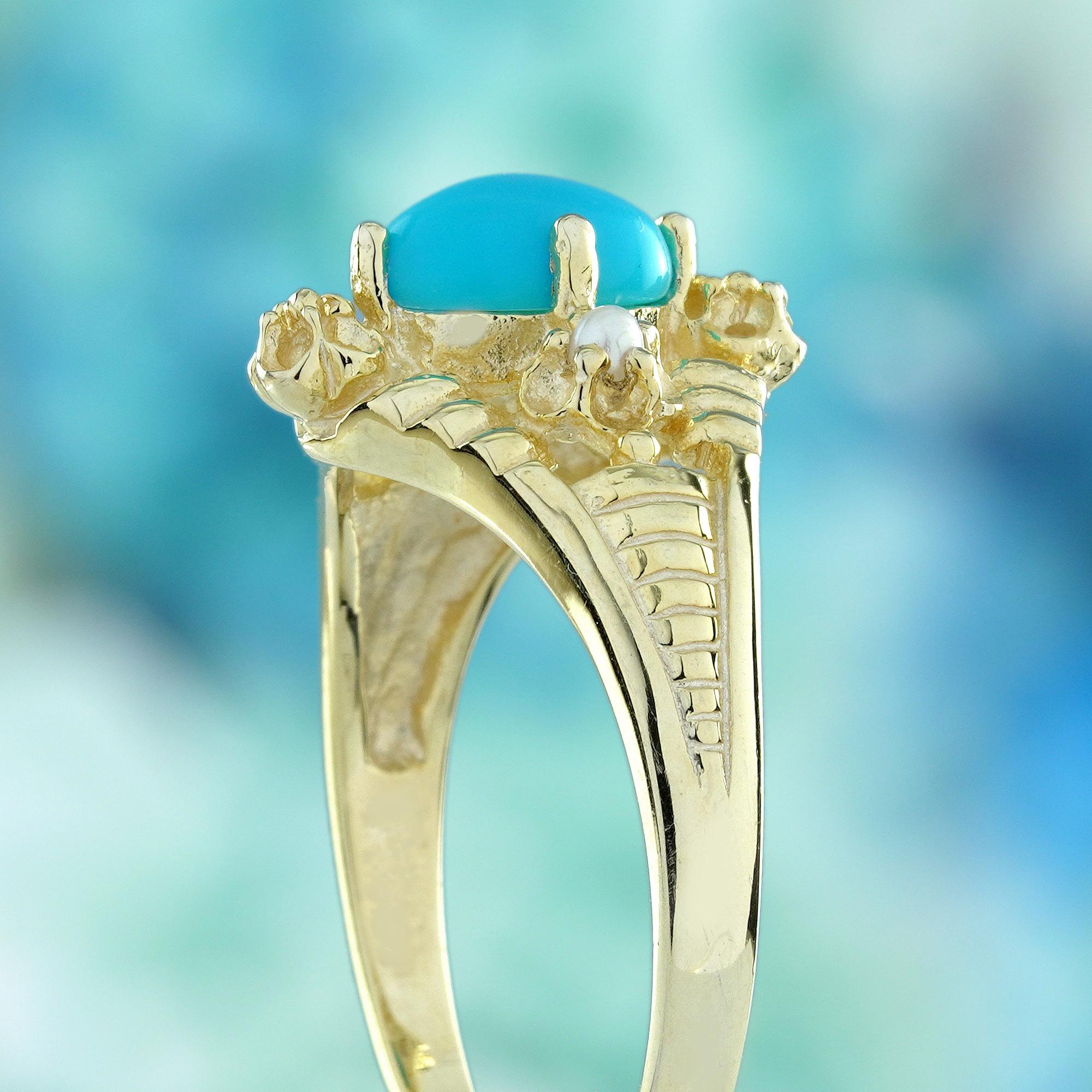 De las mujeres Anillo Floral Estilo Vintage de Turquesa y Perla en Oro Amarillo Macizo de 9K en venta