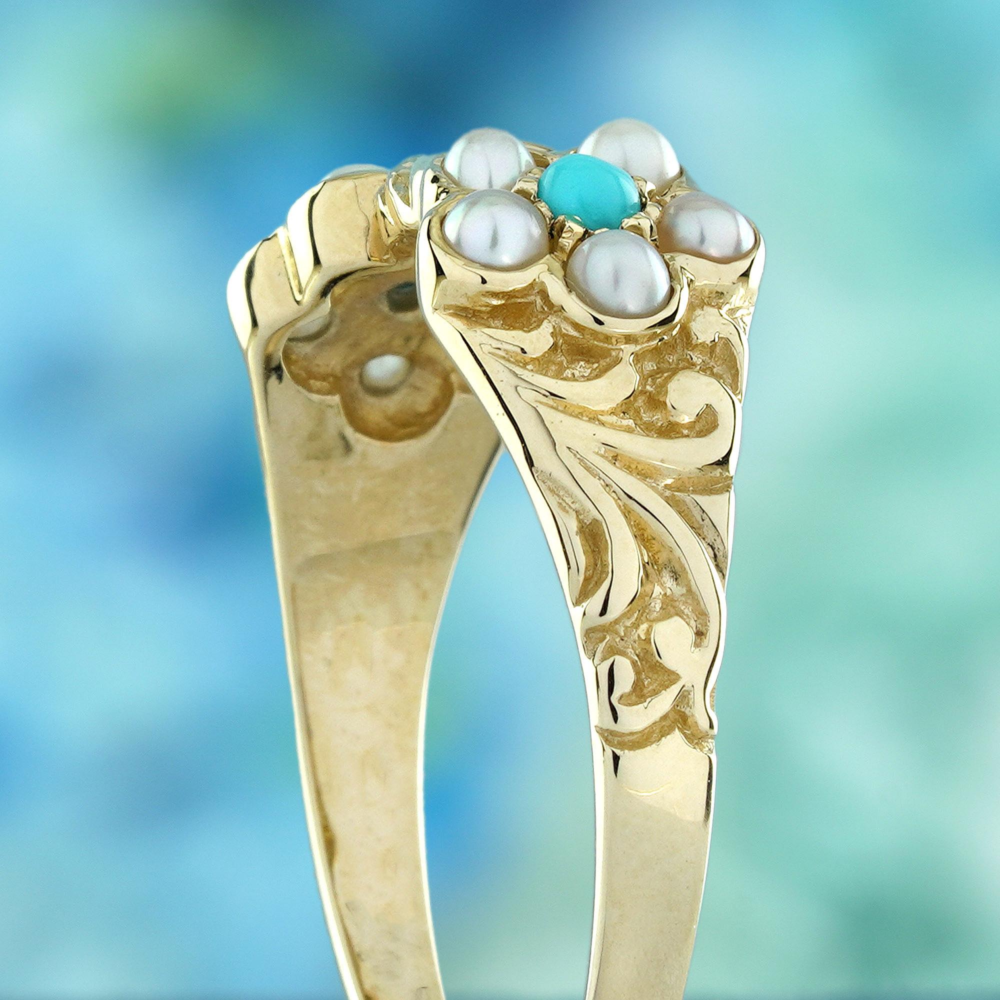Women's Turquoise and Pearl Vintage Style Floral Ring in Solid 9K Yellow Gold For Sale