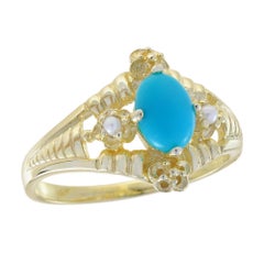 Bague florale de style vintage en or jaune 9K massif, turquoise et perles
