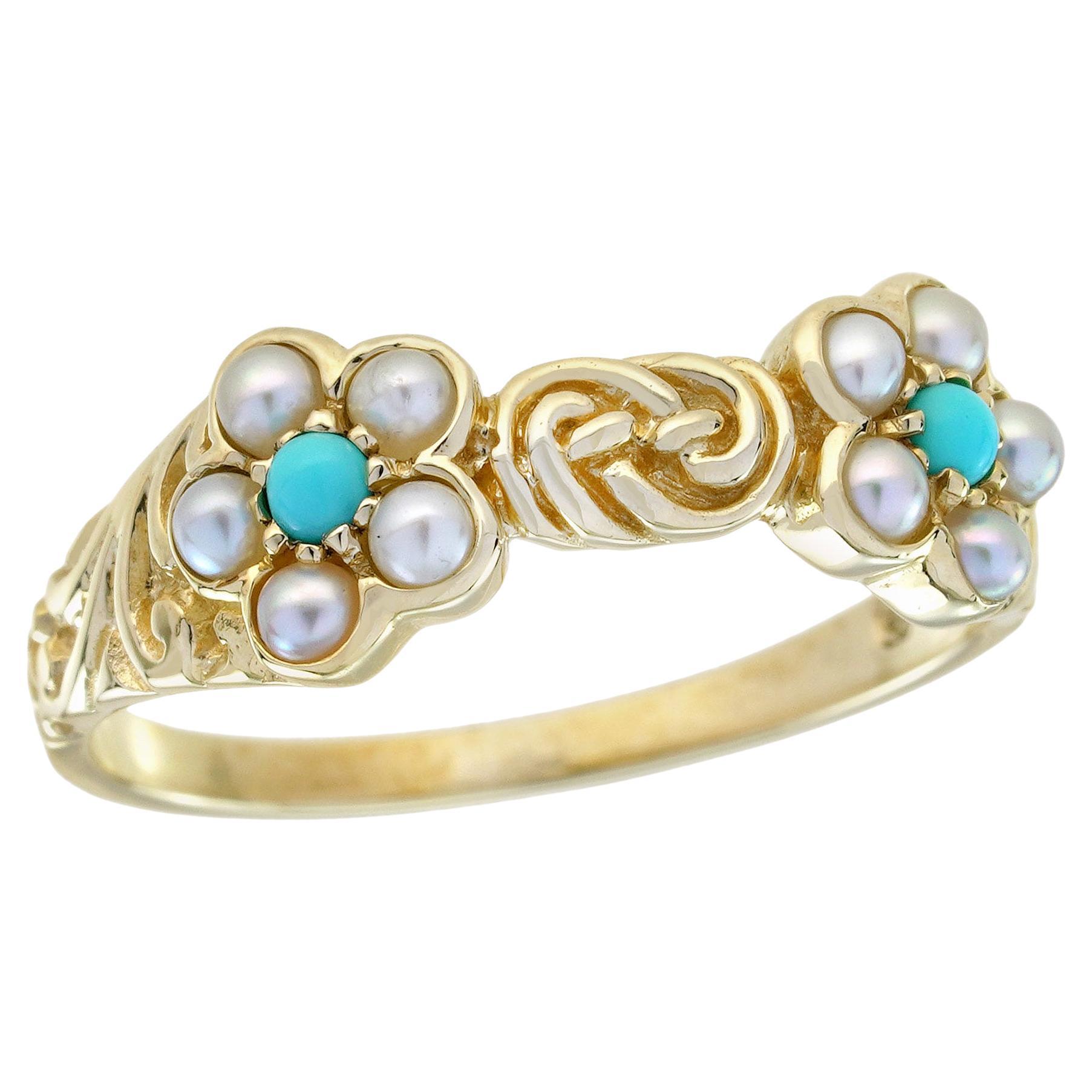 Turquoise and Pearl Vintage Style Floral Ring in Solid 9K Yellow Gold For Sale